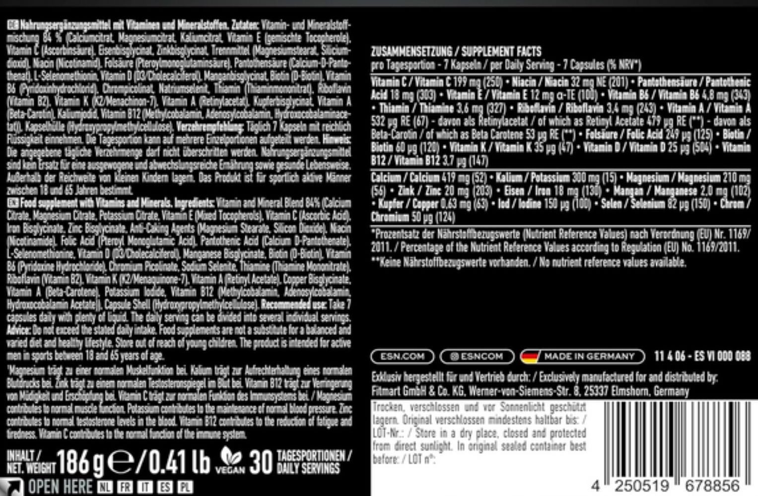 ESN ESN Athlete Stack Men, 210 Kapseln Kapseln, 185 g, Mit essenziellen Vitaminen und Mineralstoffen.