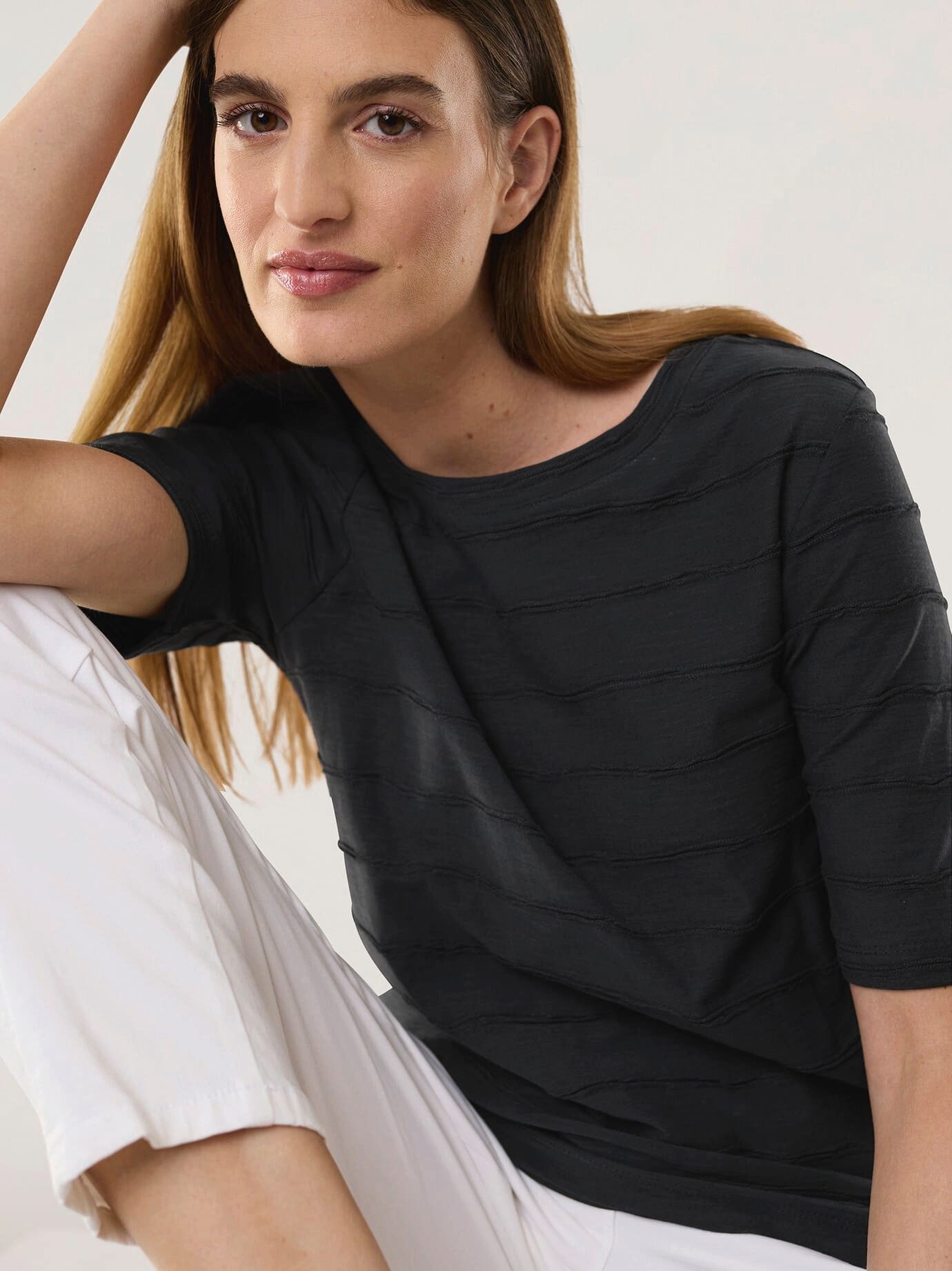 Walbusch T-Shirt Damen Baumwollshirt Streifenstruktur Rundhals pflegeleicht Atmungsaktiv, Regular-Fit, Länge ca. 64 cm, maschinenwaschbar