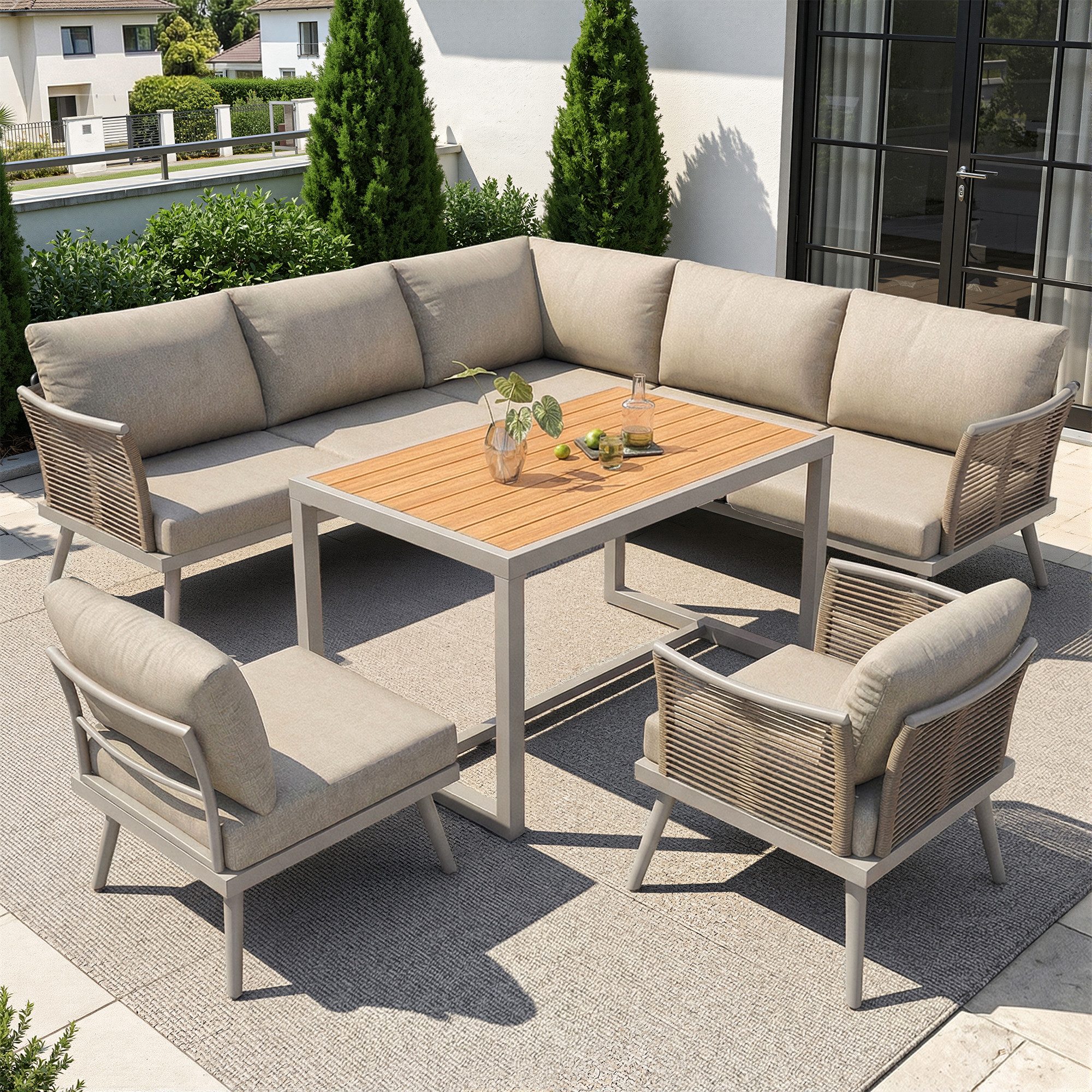Odikalo Gartenlounge-Set L-förmiges Gartenmöbel Set Gartensitzgruppe mit geflochtenen Armlehnen, (Wetterfeste Eckgarnitur aus Eisen / Inkl. Holz-Couchtisch & Sessel / Mit Polstern & Kissen)