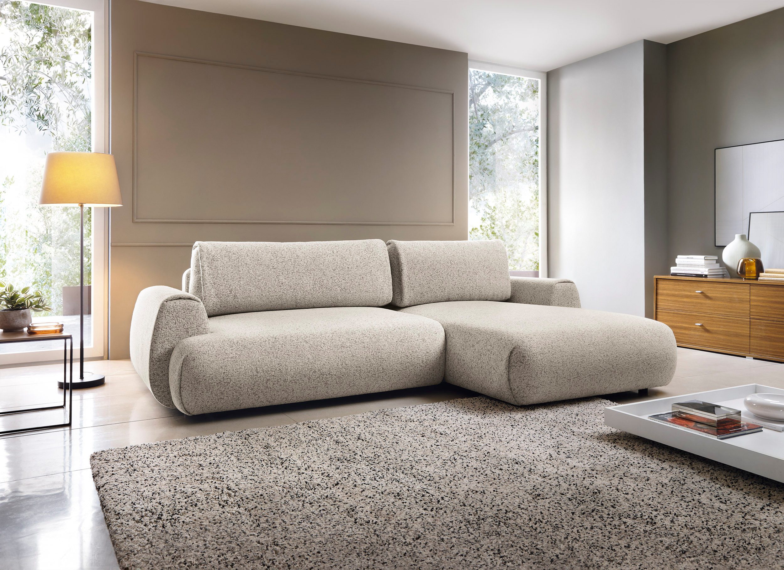 Goldstoff Ecksofa MAILO L-Form, mit Bettfunktion und Bettkasten, Sofa mit Schlaffunktion, Couch für Wohnzimmer - Schlafsofa - Eckcouch, Tiefe Sitzfläche & ergonomische Rückenlehne