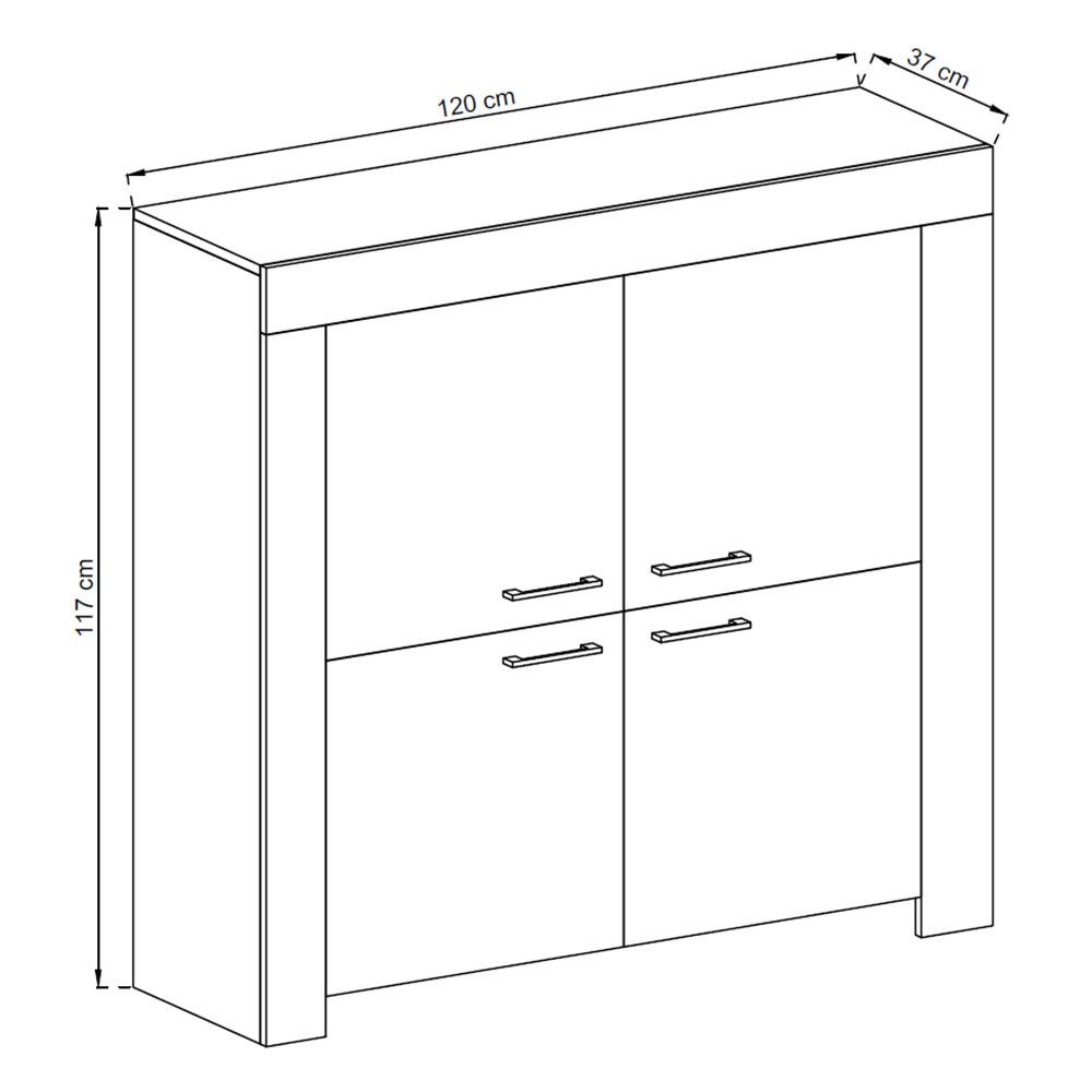 Feldmann-Wohnen Highboard Sky (4-türig, 3 Fächer, 1 St., modernes Holzdekor, Rahmenoptik, Aluminiumgriffe), 120x37x117cm Eiche Riviera