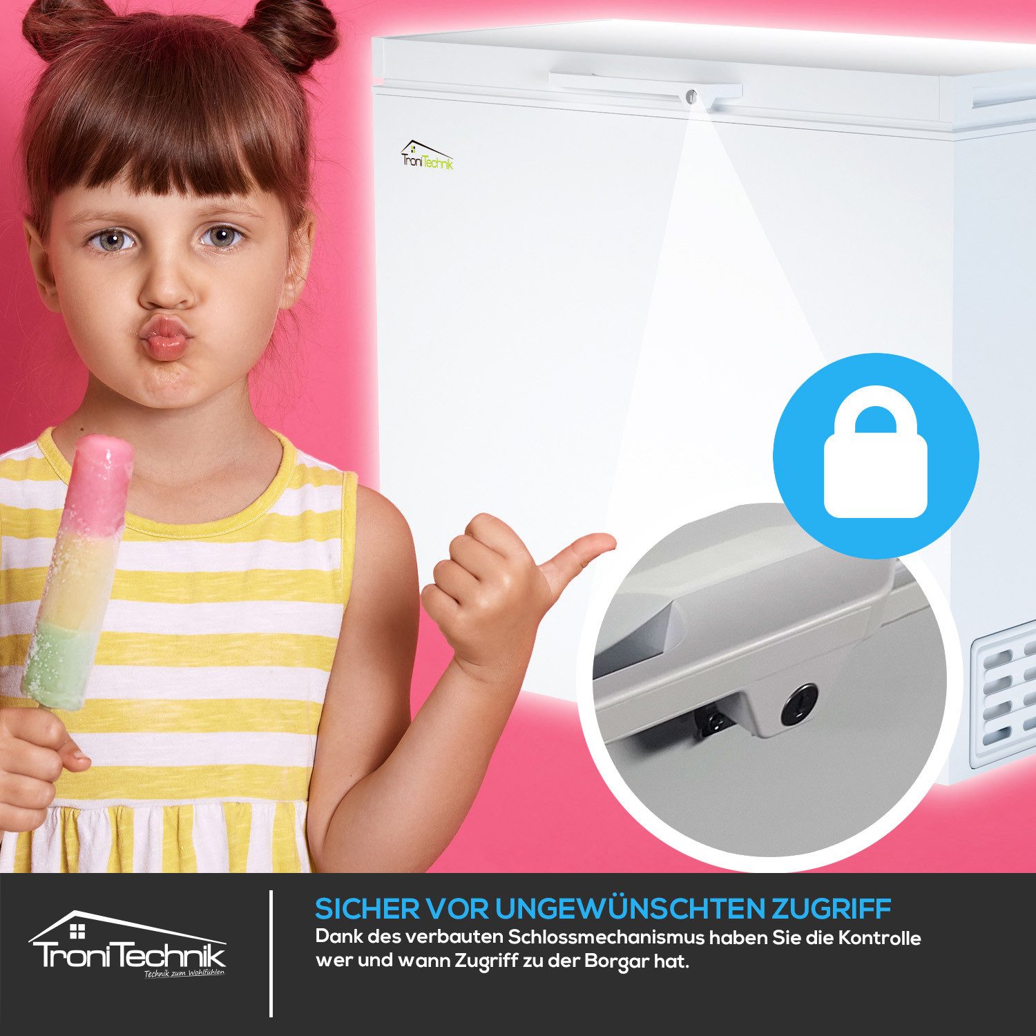 TroniTechnik Gefriertruhe Einstellbarer Temperaturregler, kühlen und gefrieren BORGAR 210 PRO, 90.5 cm breit, 202 l, inkl. Dual Thermostat, LED Licht, Griff, Schloss, Rollen, Einlegekorb