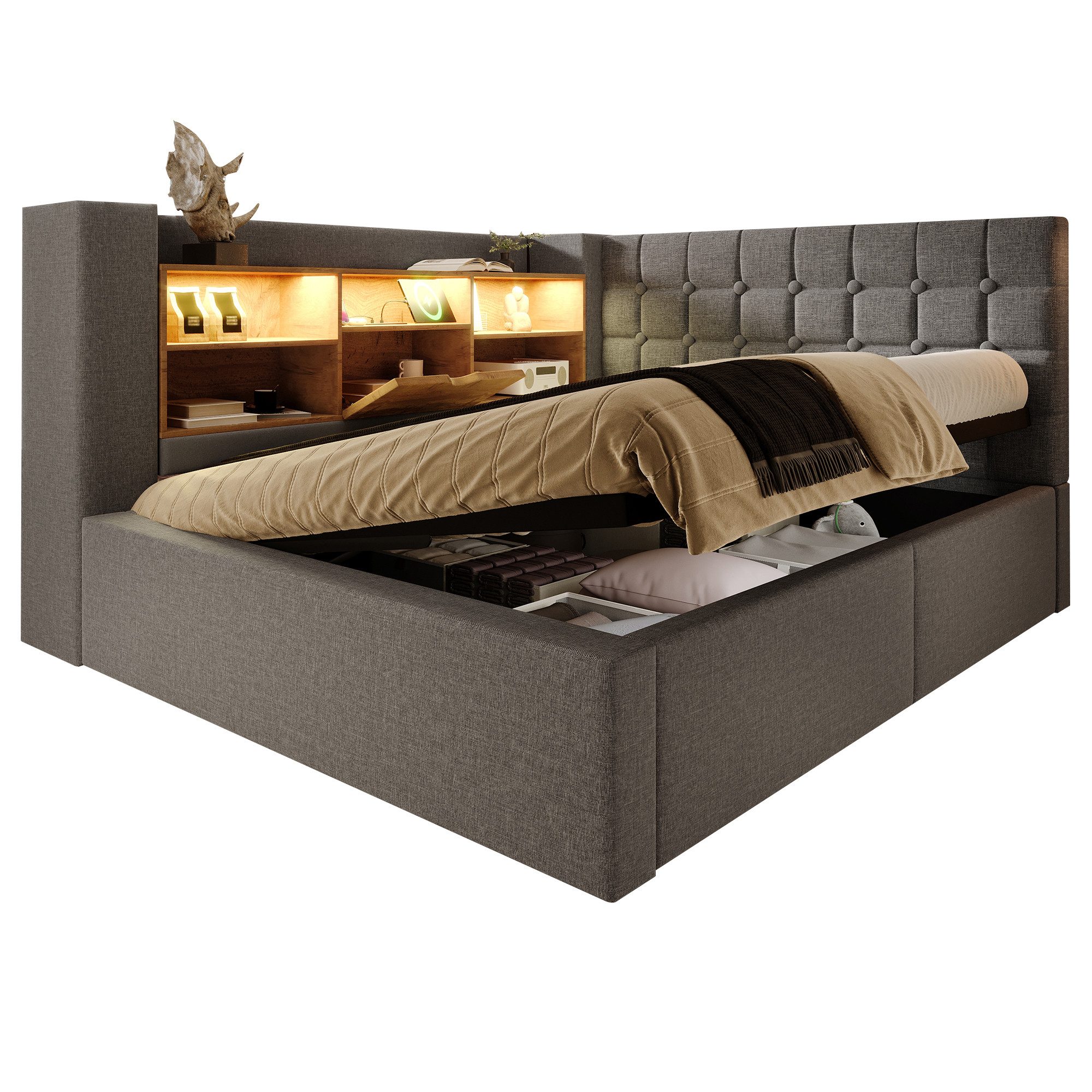 Ulife Polsterbett 140×200cm&weitere Größen mit Bettkasten, LED, hydraulischem Stauraum (1-tlg., Ohne Matratze), L-förmigem Kopfteil beidseitig montierbar, Kinde – Bild 3 von 5