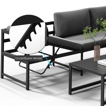 Melko Gartenlounge-Set Ecklounge mit Liegefunktion Aluminium Sitzgruppe wetterfest Grau, (Set, 3-tlg., 2 Sofa, 1 Tisch, 11 Auflagen), Liegefunktion durch verstellbare Rückenlehne