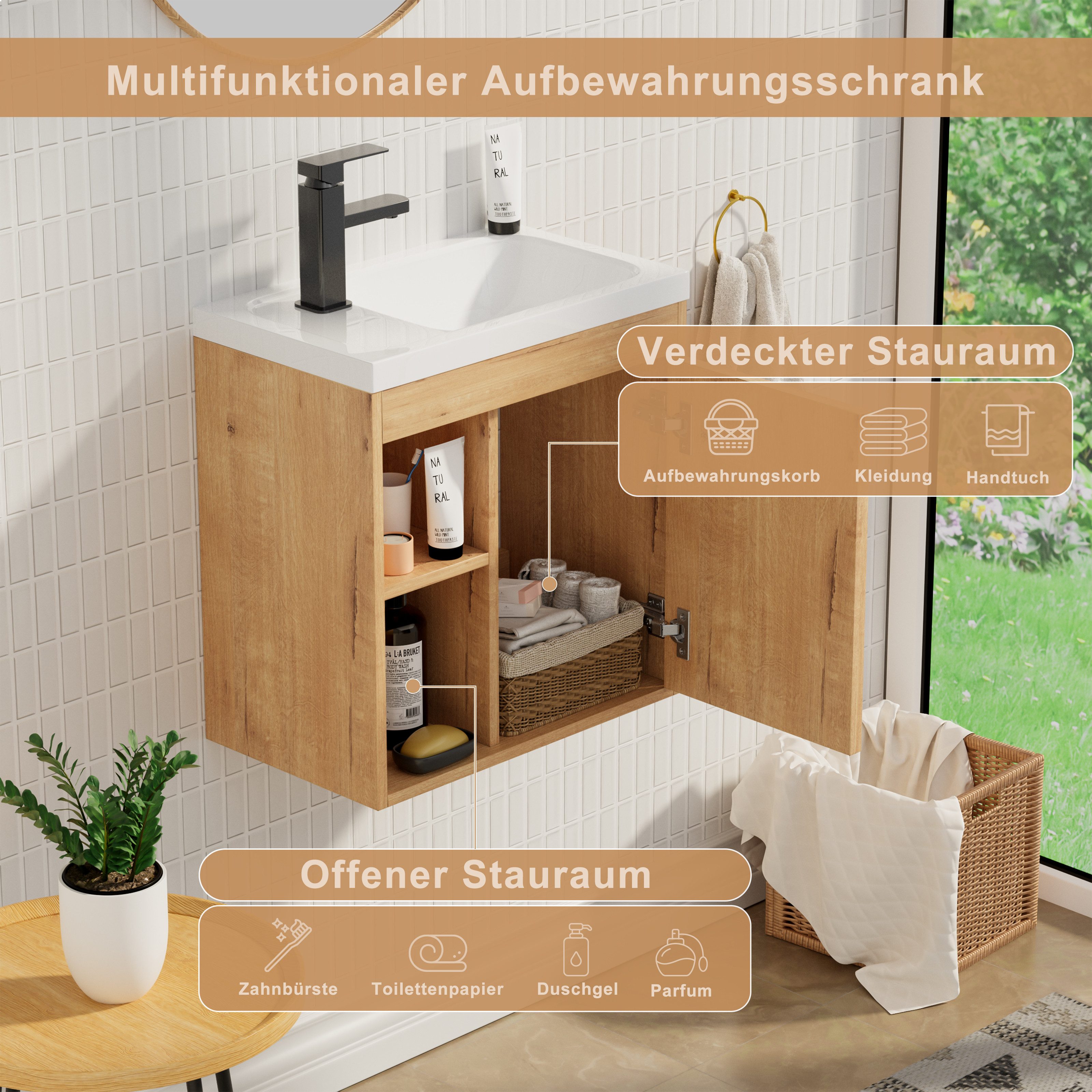 UEV Waschtisch klein Waschbecken mit Unterschrank set Badmöbel Gäste-WC (Breit 50cm, Komplett-Set, Badezimmmer Schrank für Gäste WC, Unterschrank mit Harzbecken – Bild 4 von 5