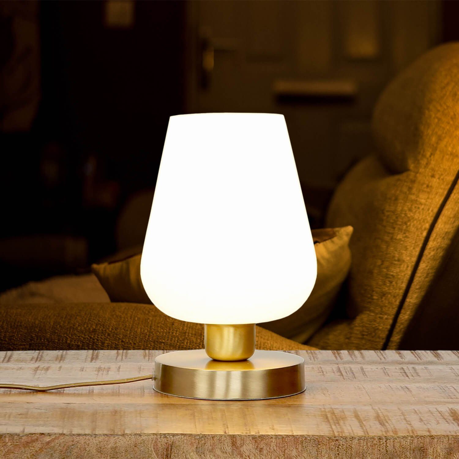 Licht-Erlebnisse Nachttischlampe TALIS, ohne Leuchtmittel, Tischlampe Glas  Echt-Messing in Weiß Bronze Handarbeit Schlafzimmer