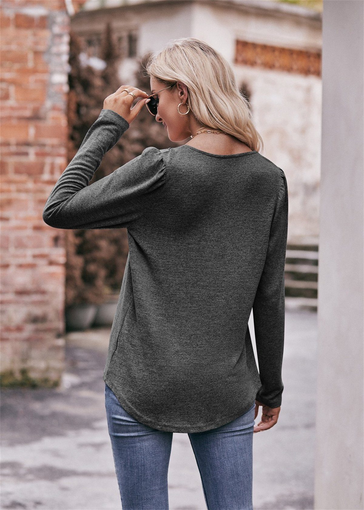 Dunkelgrau selected Damen-T-Shirt Langärmliges mit Puffärmeln und carefully Langarmshirt quadratischem Ausschnitt