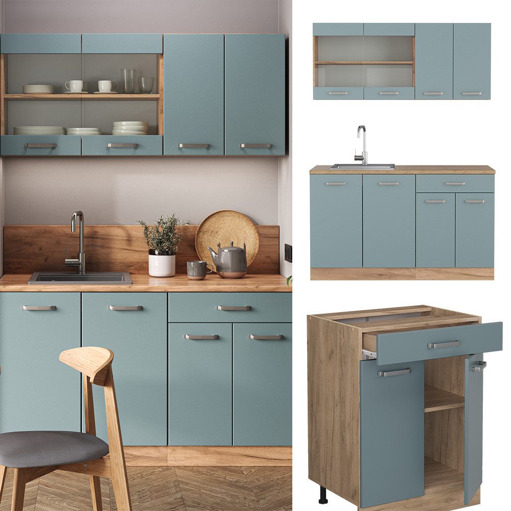 Vicco Küchenzeile R-Line, Blau-Grau/Goldkraft Eiche, 140 günstig online kaufen