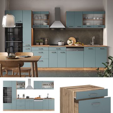 Vicco Küchenzeile R-Line, Blau-Grau/Eiche, 350 cm mit Hochschrank, ohne Arbeitsplatte