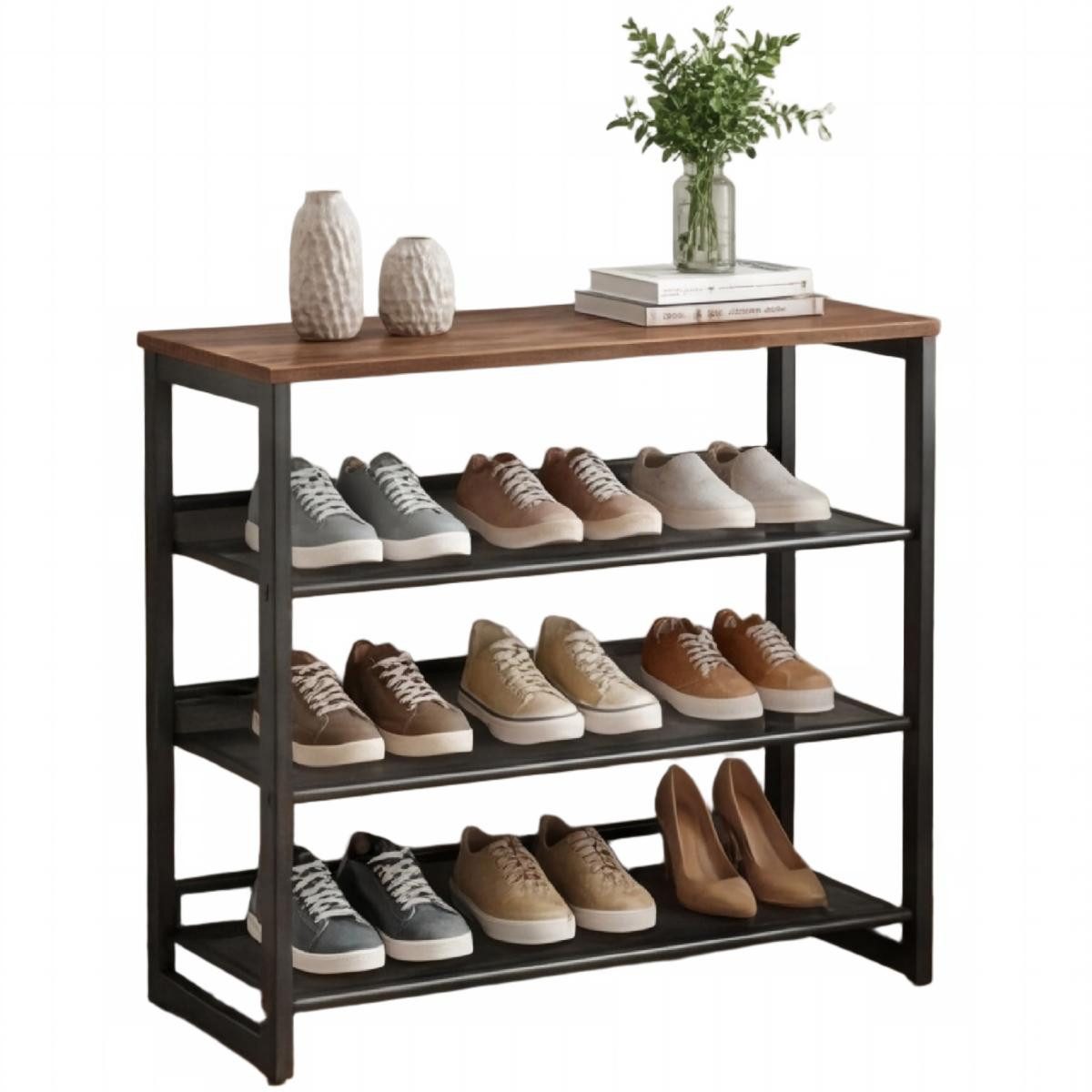 SURFOU Schuhregal Schuhregal schmal, Schuhregal platzsparend - 4 Ebenen mit Holzablage, Schuhregal holz, Schuhablage, Schuhregal klein, Schuhregal mit 4 verstellbaren Gitterablagen, Holzplatte und Metallrahmen, Platz für bis zu 16 Paar Schuhe, ideal für Flur, Eingangsbereich und Schlafzimmer 1-tlg., 63,5 x 30 x 71 cm, Verstellbar