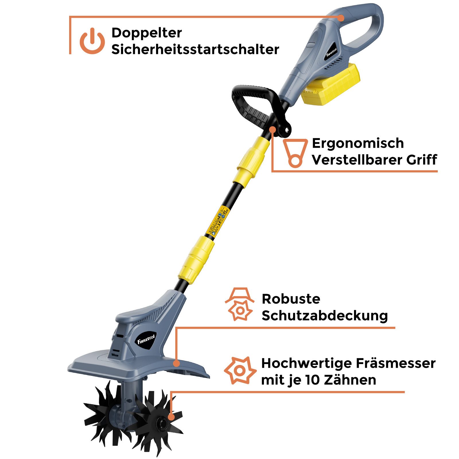 Fanztool Akku-Motorhacke 20V/4.0Ah Akku,23cm Arbeitsbreite,16 cm Arbeitstiefe, Akku Gartenfräs