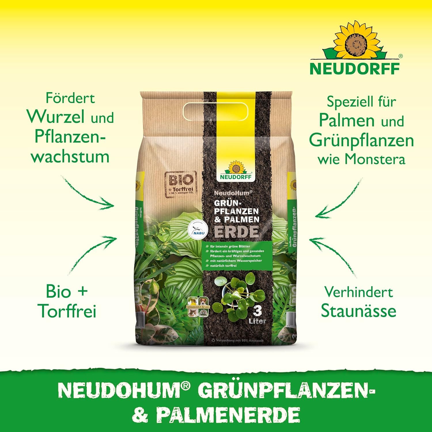 Neudorff Blumenerde NeudoHum Grünpflanzen- & PalmenErde 3 L, für 4 Wochen vorgedüngt