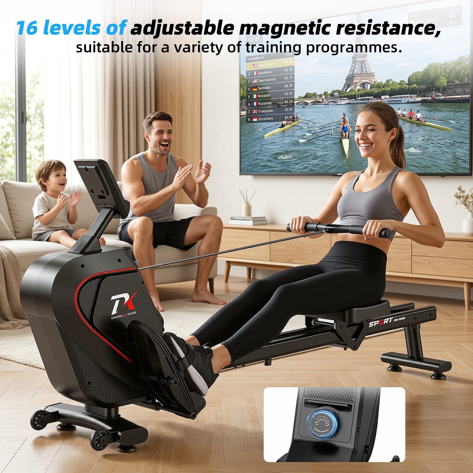 YEE RUN Rudergerät für Zuhause - 16 magnetische Widerstandsstufen, LCD-Display und App, Widerstandsverstellung – Bild 4 von 5