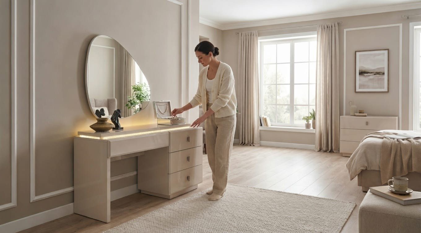 JVmoebel Schminktisch Moderner LED Frisiertisch Spiegel Beige Elegante Stilvoll Schminktisch, Made in Europa – Bild 4 von 4