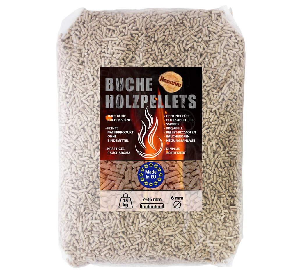 Flameup Holzpellets Buche Pellets 15 kg 30 kg Grill Smoker Pizzaofen BBQ Holz Grillen, 15 kg