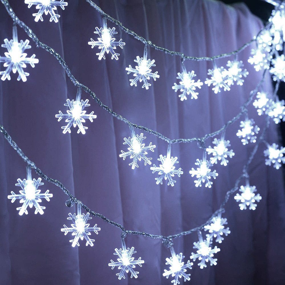 Rosnek LED-Lichterkette Lichtervorhang,Schneeflocke,Batteriebetriebene, Weihnachten Deko Weiß
