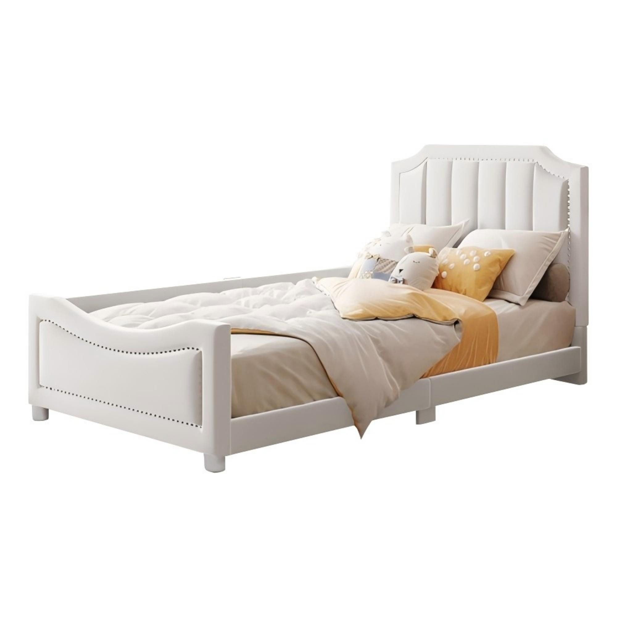Odikalo Kinderbett Polsterbett Jugendbett 90x200 Flanell Rückenlehne Armlehne Beige/Grau