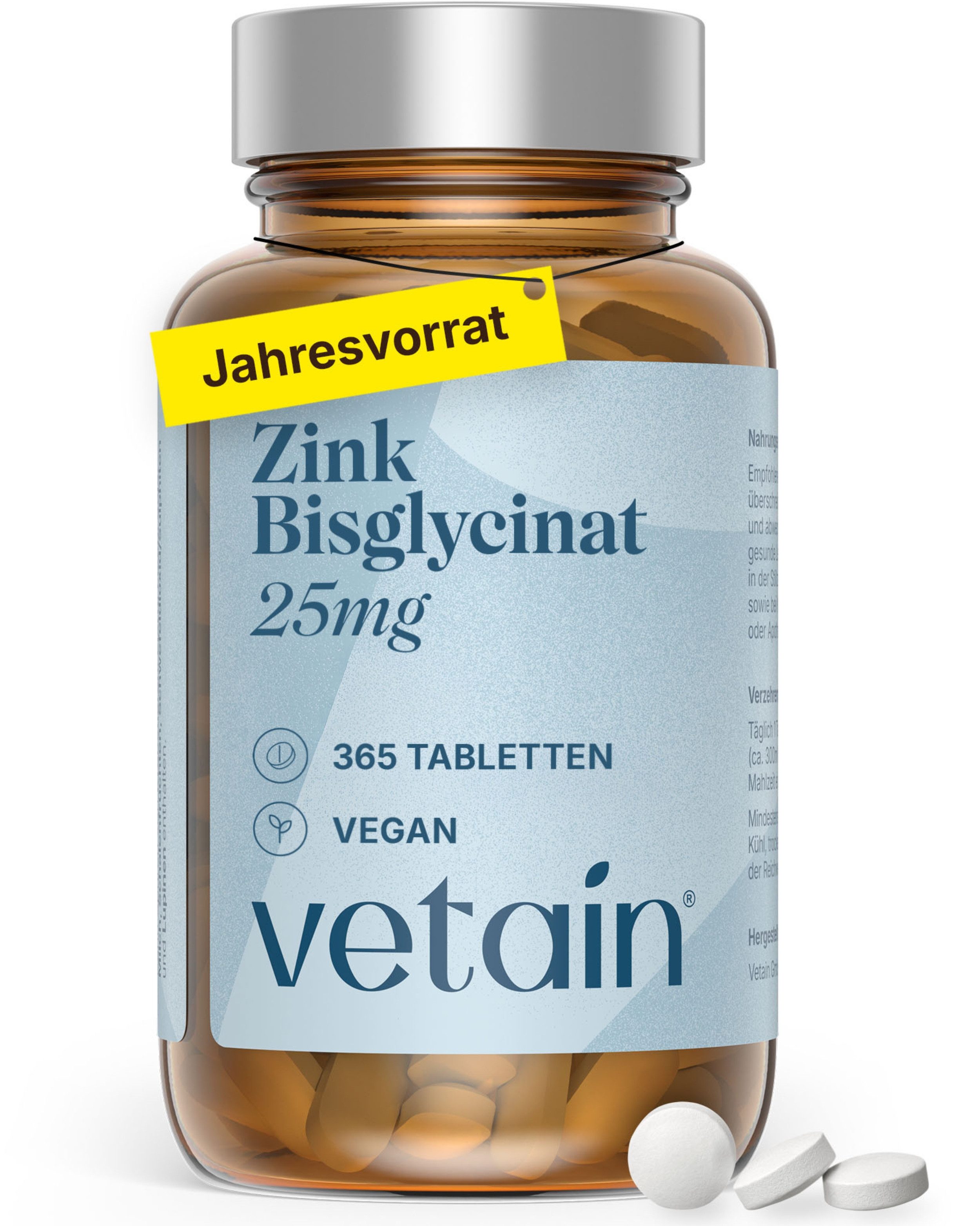 VETAIN Zink 25mg - mit Zinkbisglycinat (Zink-Chelat) - optimal hochdosiert Tabletten, Hochdosiert, hochwertiges Zink-Bisglycinat, gute Verträglichkeit