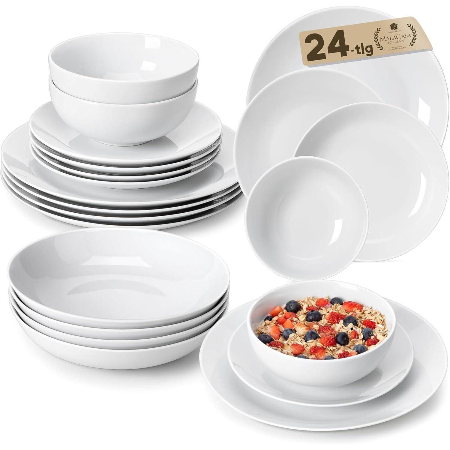 Tafelservice Geschirrset 6 Personen 24-teilig Porzellan Tafelservice Weiß Premium