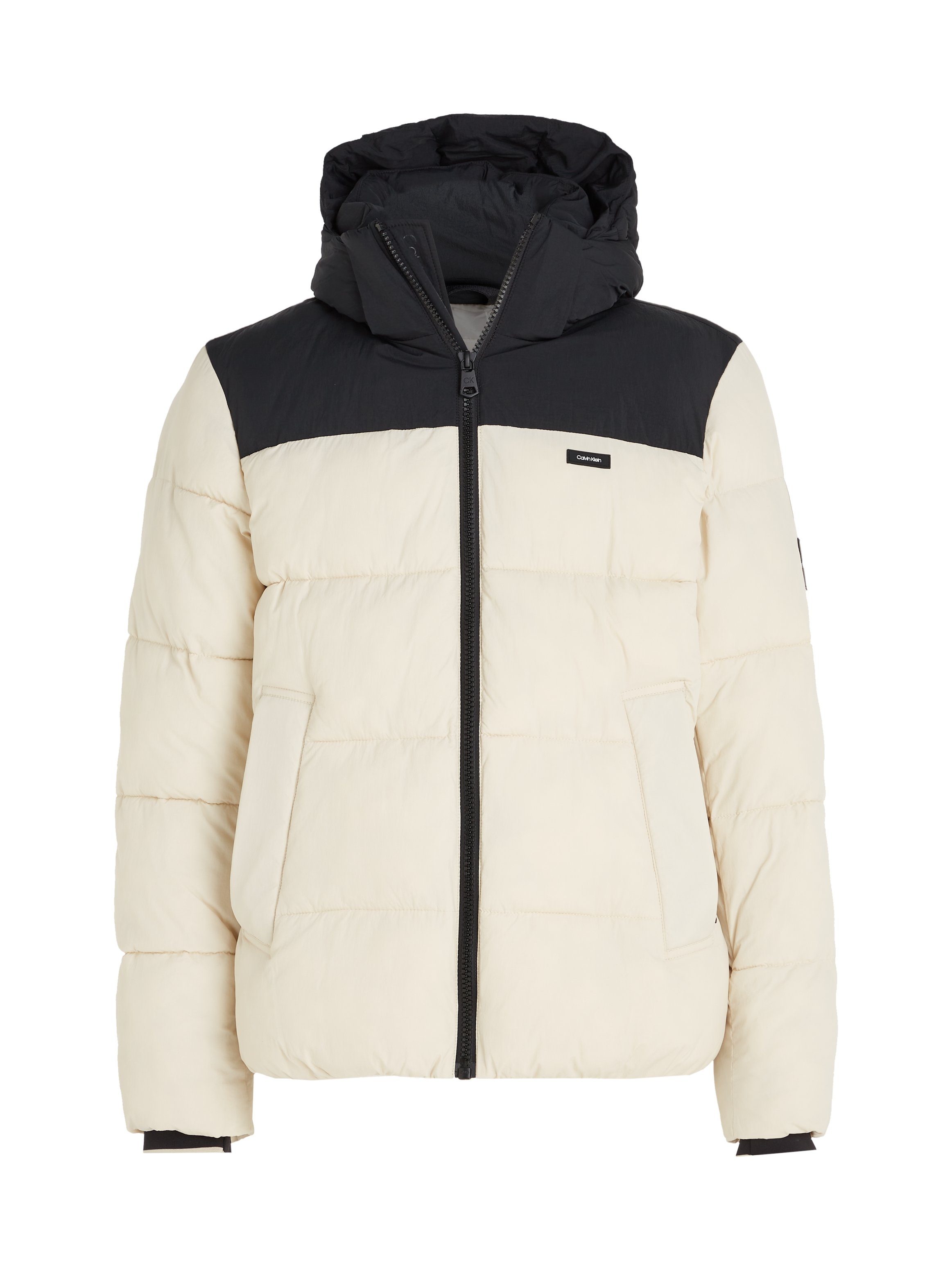 Calvin Stony PUFFER mit Steppjacke COLOR BLOCK CRINKLE Beige NYLON Klein Markenlabel