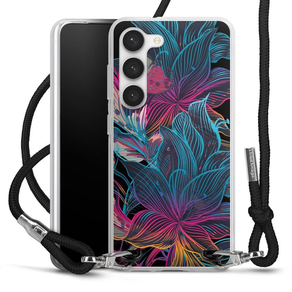 DeinDesign Handyhülle Neon Blumen bunt Neon Flower Power, Samsung Galaxy S23 Handykette Hülle mit Band Case zum Umhängen