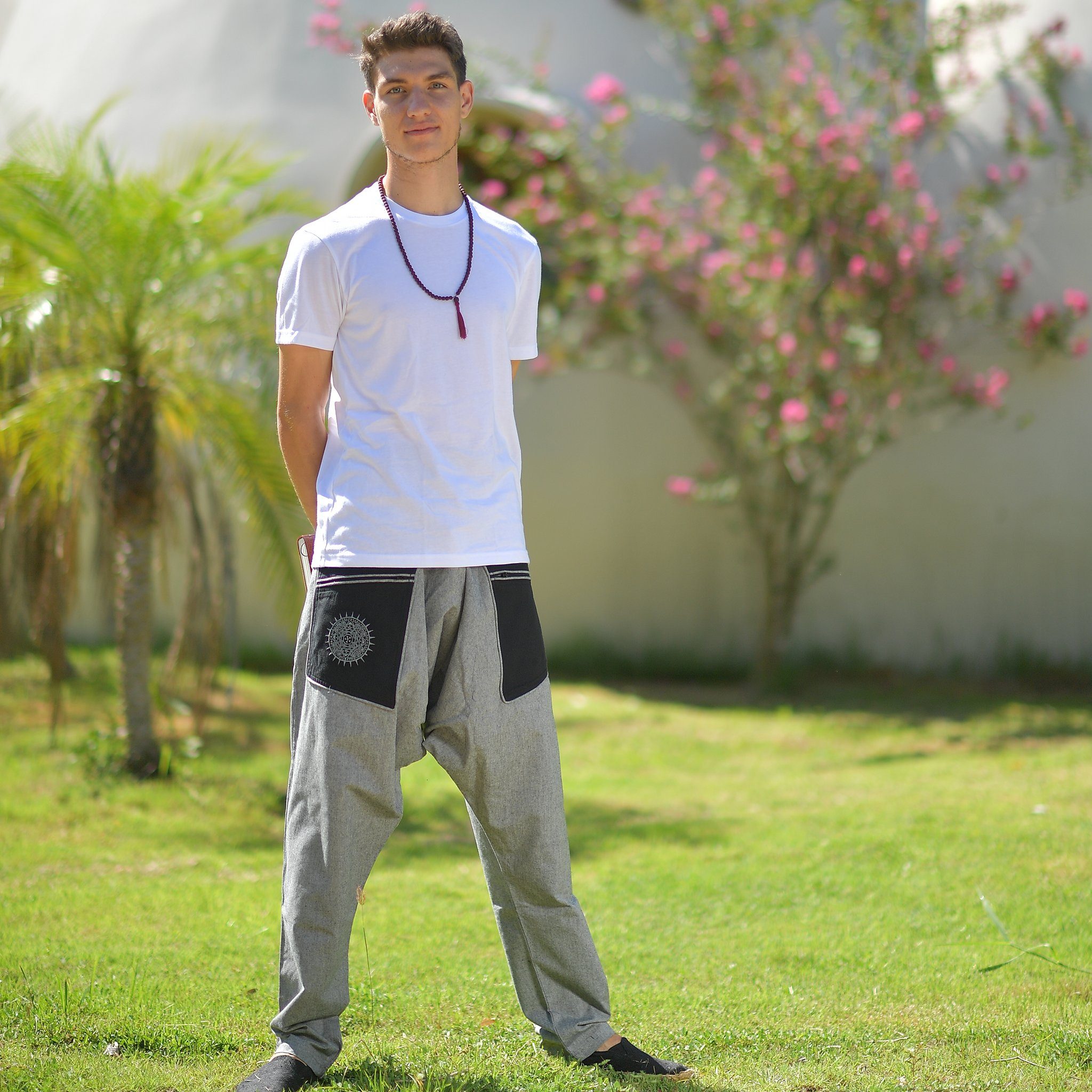 virblatt Haremshose Herren, Baumwolle, Aladinhose Herren Goa Hose Pumphose Hippie Hose Gesticktes Mandala auf der Seitentasche