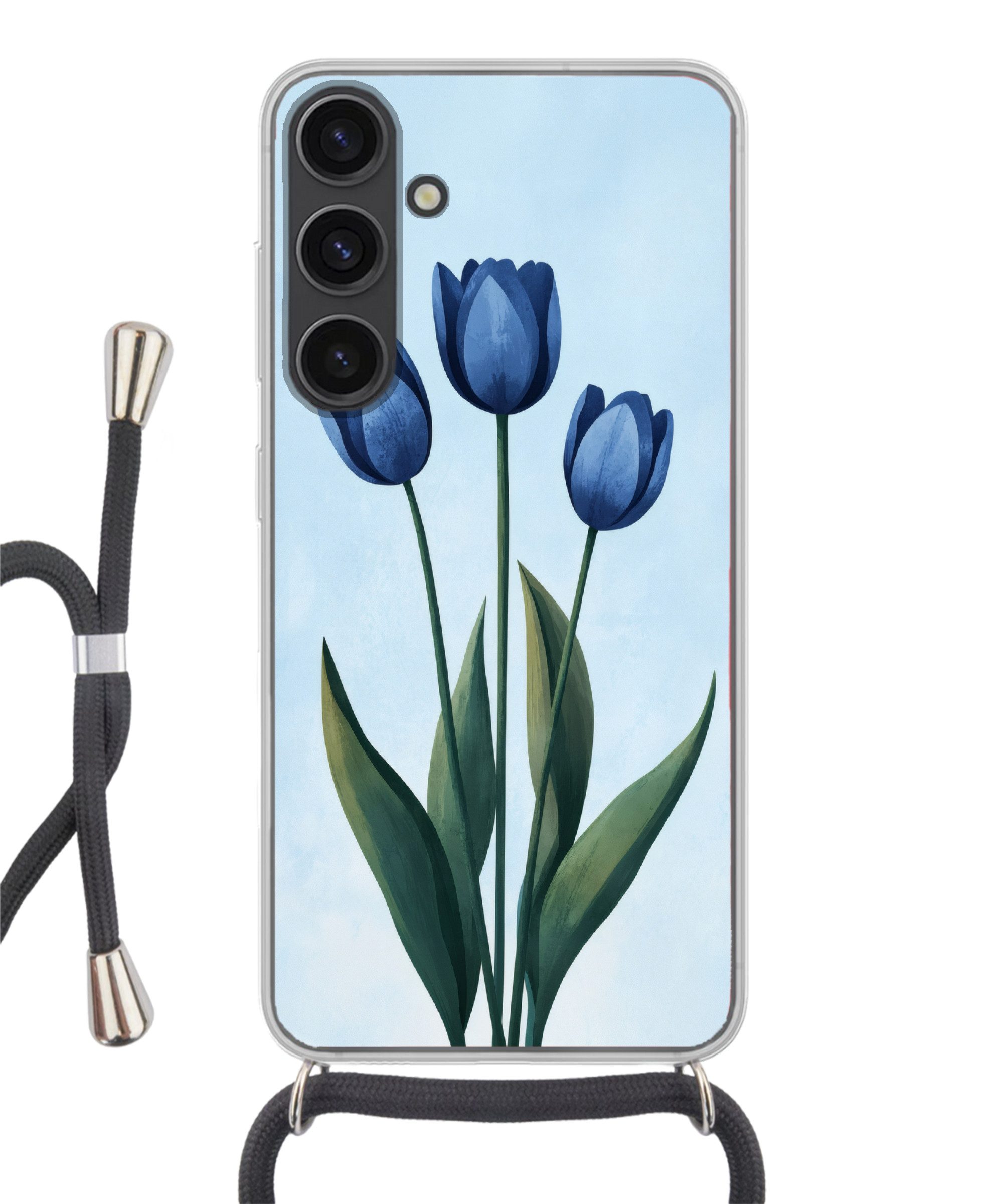 MuchoWow Handyhülle für Samsung Galaxy S24 Plus Tulpen - Blau - Blätter, Tragbare Handyhüllen mit Kette zum umhängen, Handykette Handyband
