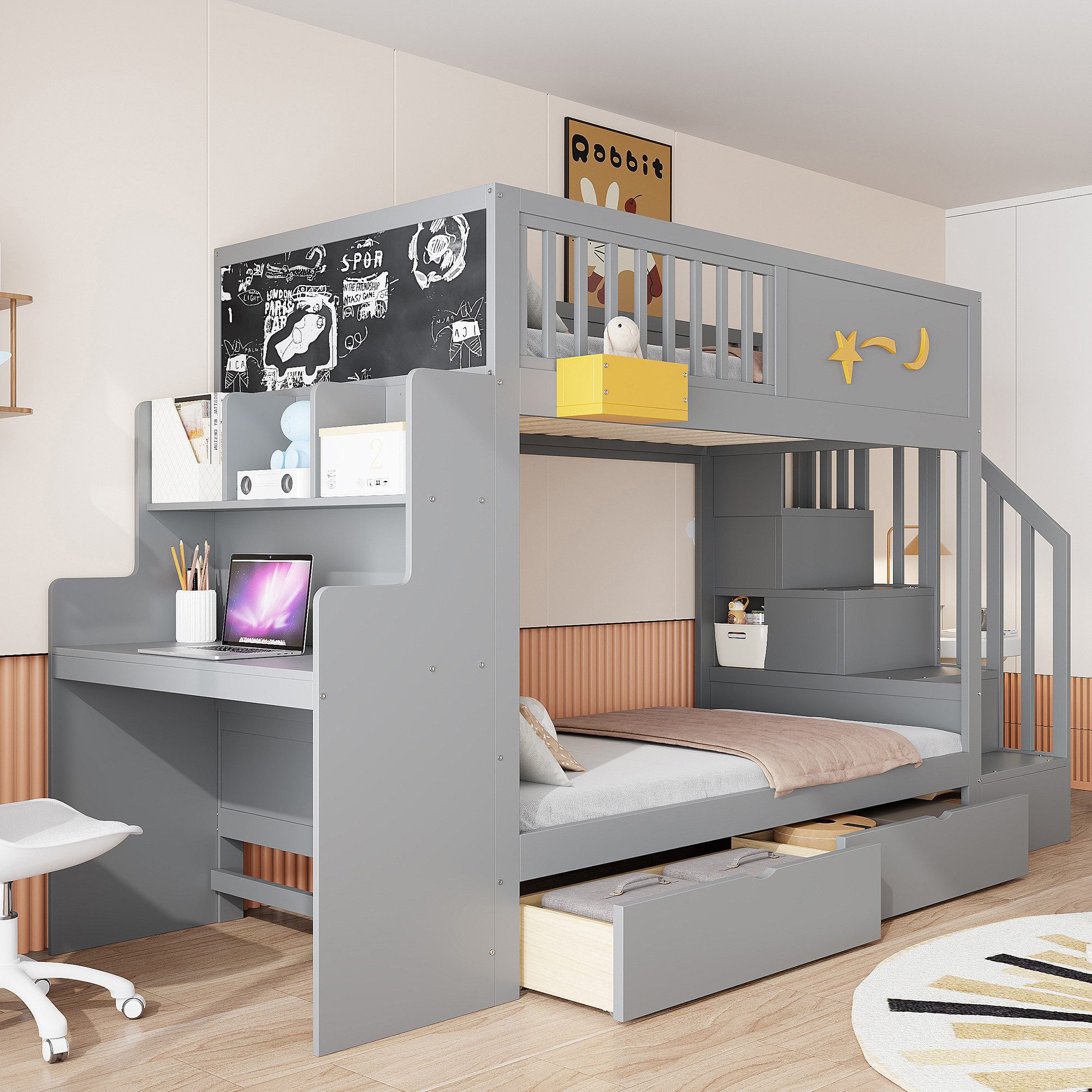 MODFU Etagenbett Sicherheitstreppe, Schreibtisch und Aufbewahrungsschubladen (Kinderbett Gästebett mit Sternenmotiv, Holzbett 90x200 cm), ohne Matratze