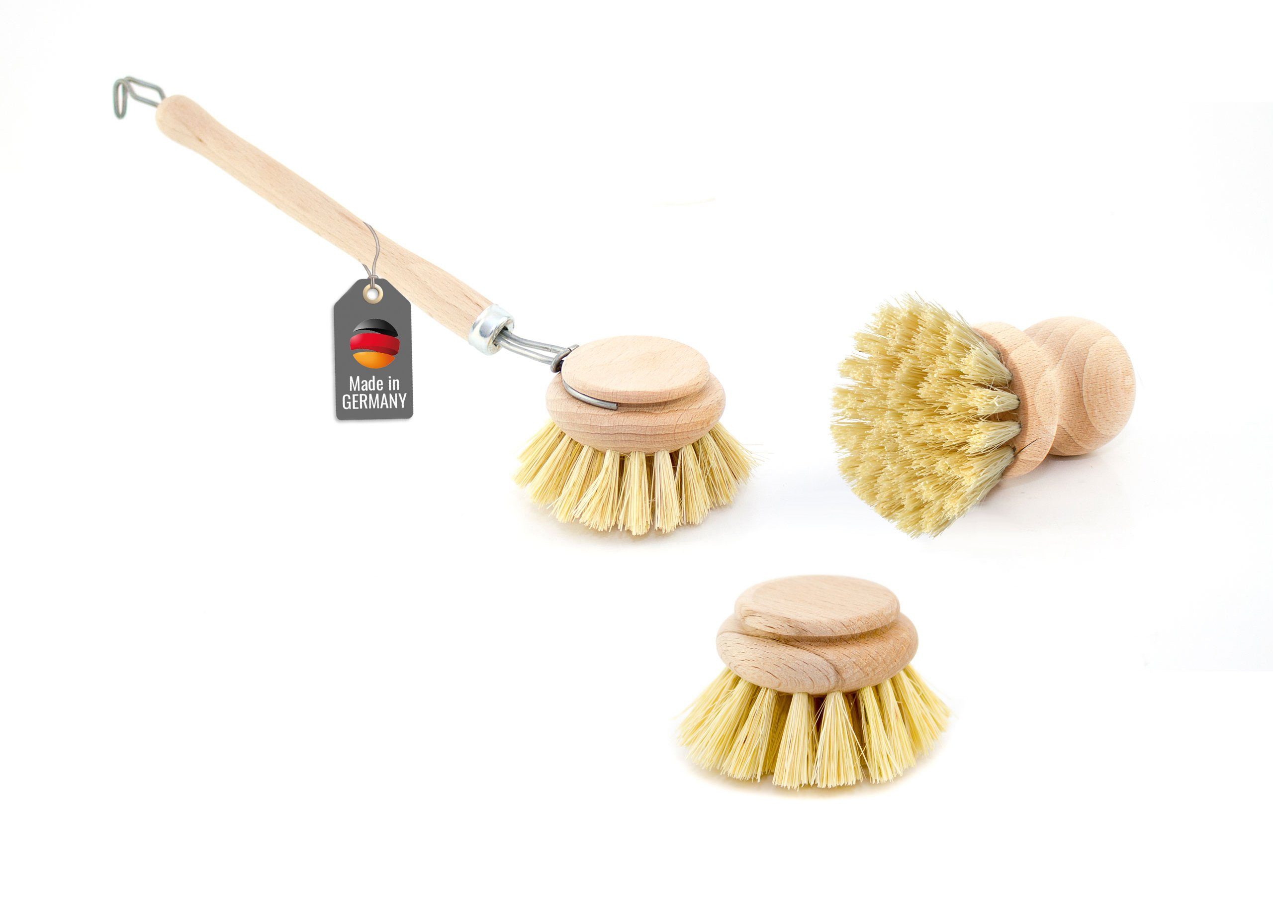 Lantelme Reinigungsbürsten-Set mit 2 Ersatzköpfen Spülbürsten Teller Pfannen Topfbürsten Holzgriff, (4-tlg), Deutsche Herstellung, Holz naturbelassen, für Geschirr, Töpfe, Pfannen