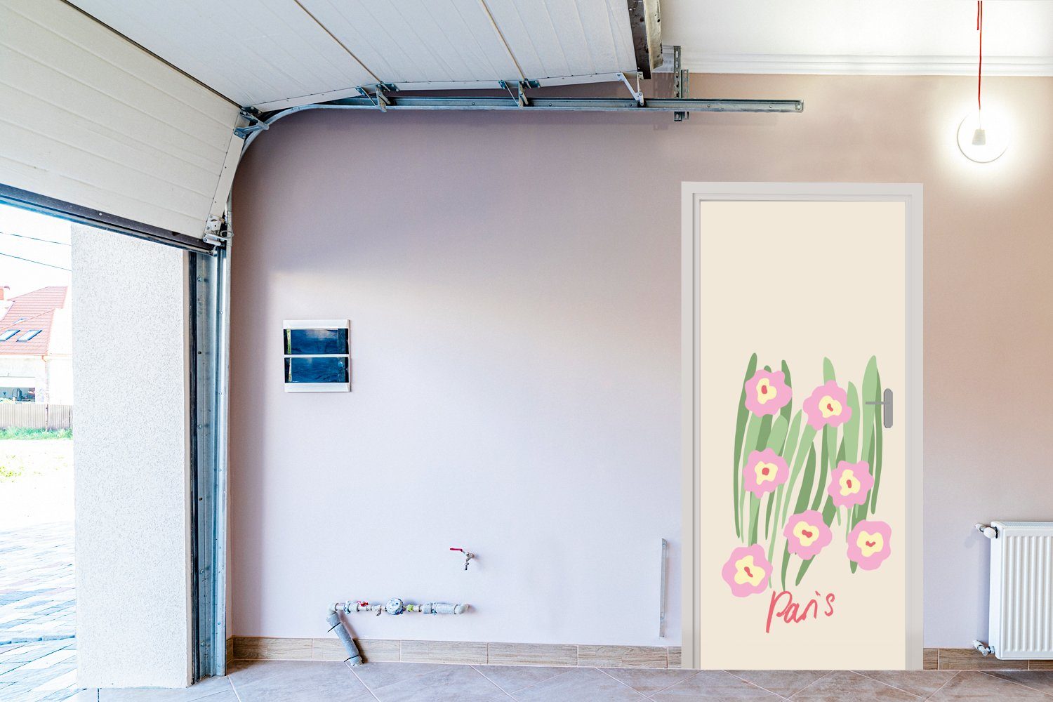 Tür, für Gras, Rosa Türaufkleber, - (1 Matt, bedruckt, - cm Fototapete MuchoWow 75x205 St), Blume Türtapete