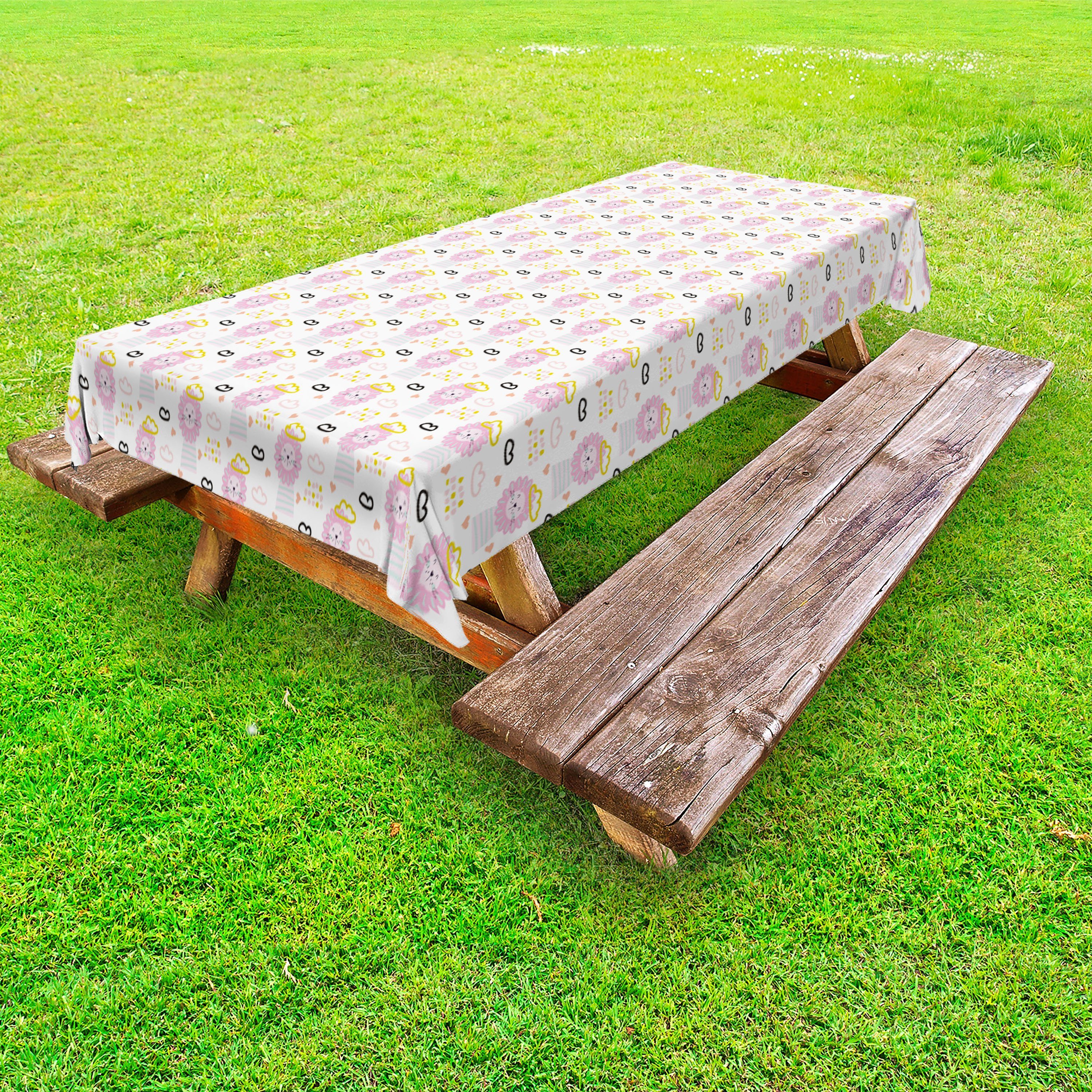 Abakuhaus Tischdecke dekorative waschbare Picknick-Tischdecke, Löwe Hand gezeichnet mit Herz-Wolken