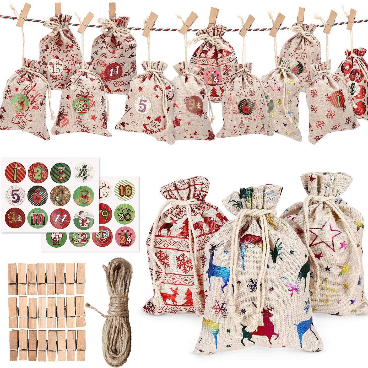 CLTYQ Adventskalender Adventskalender zum Befüllen DIY Adventskalender Bastelset, mit 24 Jutesäckchen, 24 Aufkleber, 24 Clip, 1 Seil für Weihnachten