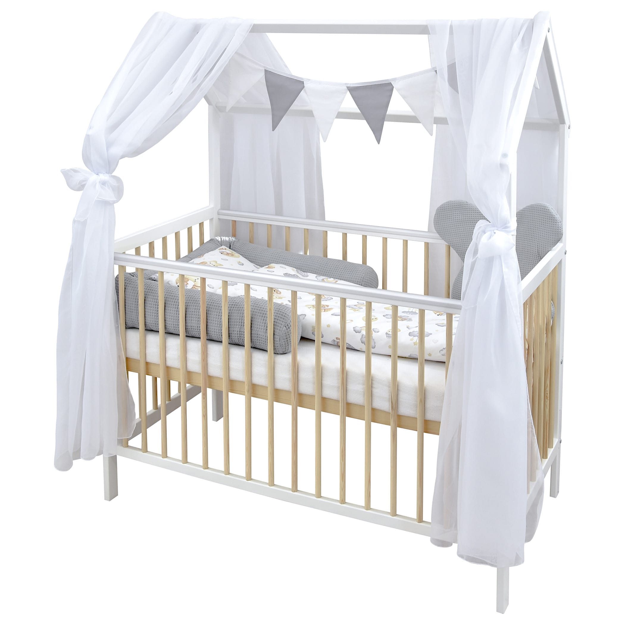 Baby-Delux Komplettbett Hausbett Babybett Komplettset, 12-tlg., Kinderbett 60x120 cm weiß Kiefer, Bettset verschiedene Designs