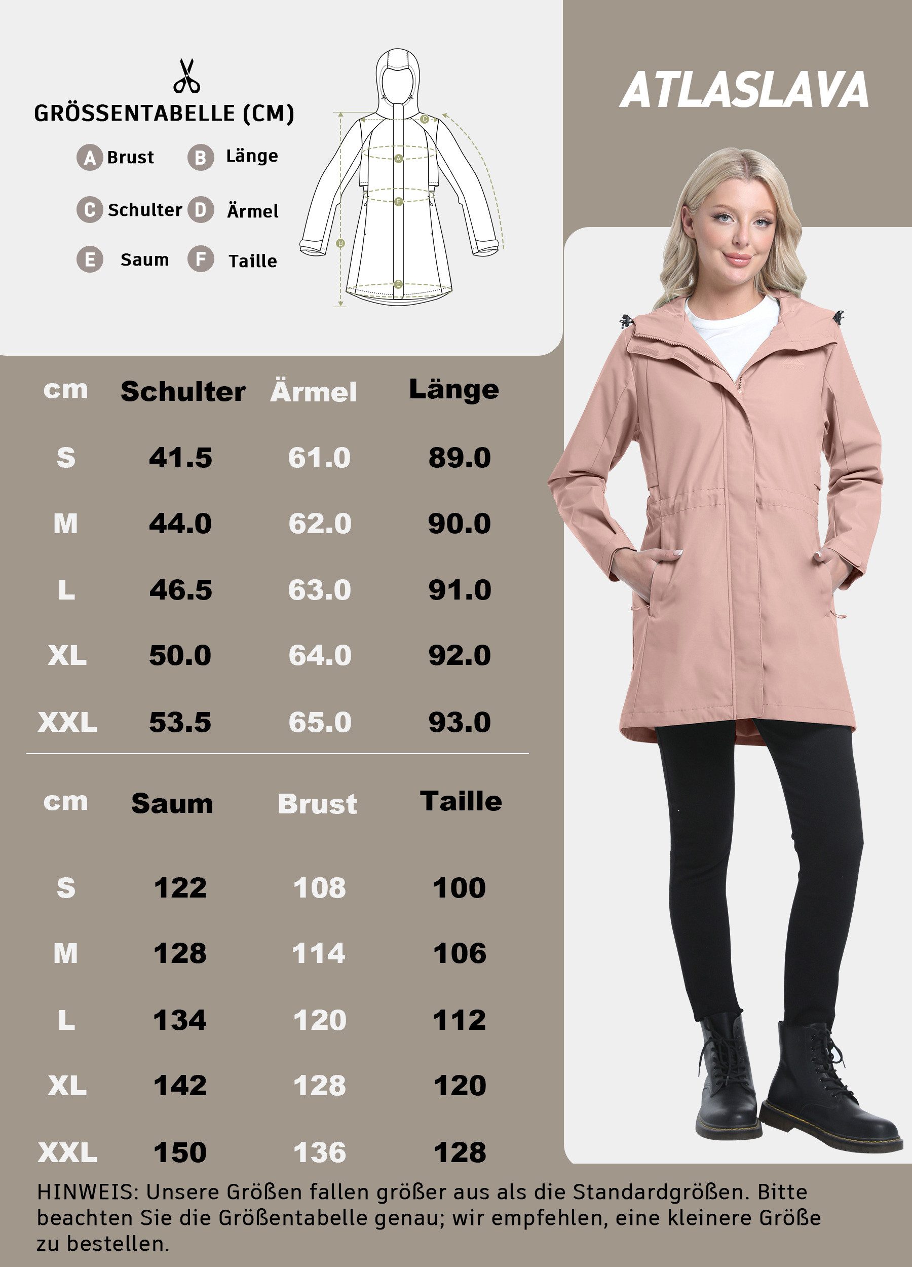 ATLASLAVA Regenjacke Damen Lang Softshelljacke Regenmantel (1-St) Frauen Trenchcoat Windbreaker Leichte Übergangsjacke Mantel