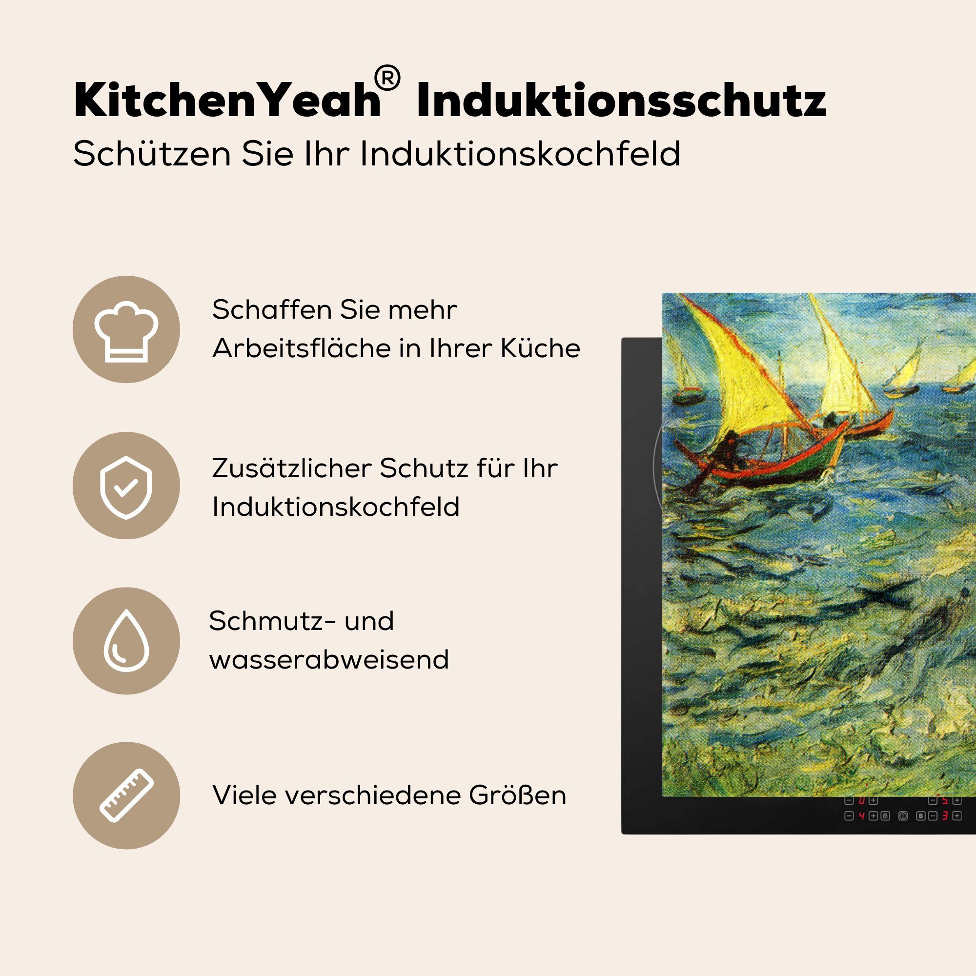 Induktionsmatte küche, cm, Gogh, Ceranfeldabdeckung Vincent 59x52 van dem Vinyl, Fischerboote Herdblende-/Abdeckplatte - auf MuchoWow für Meer die (1 tlg),