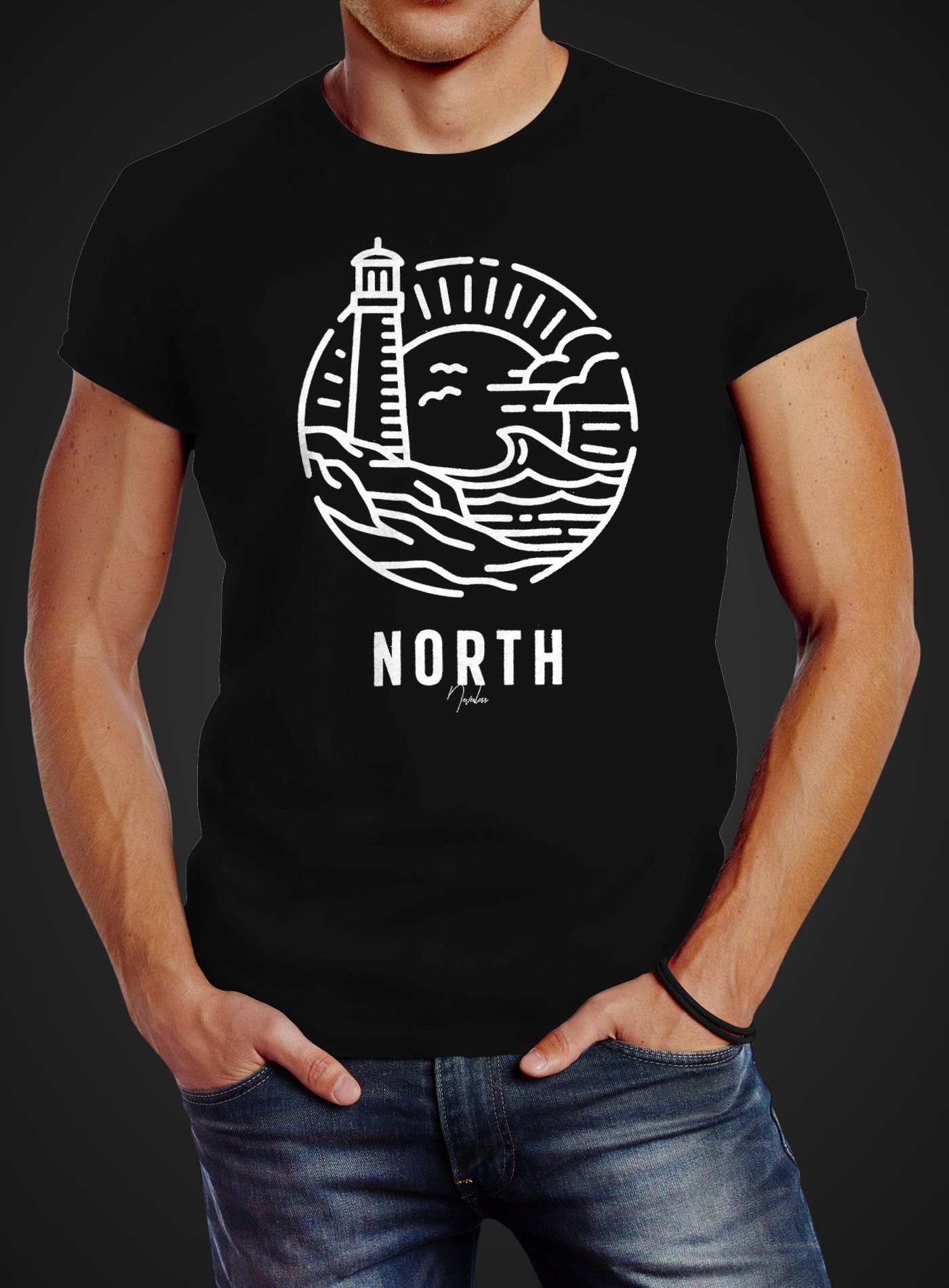 T-Shirt Logo Art Neverless® Herren mit Aufdruck schwarz Outline Leuchtturm North Slim Welle maritim Print-Shirt Print Neverless Fit