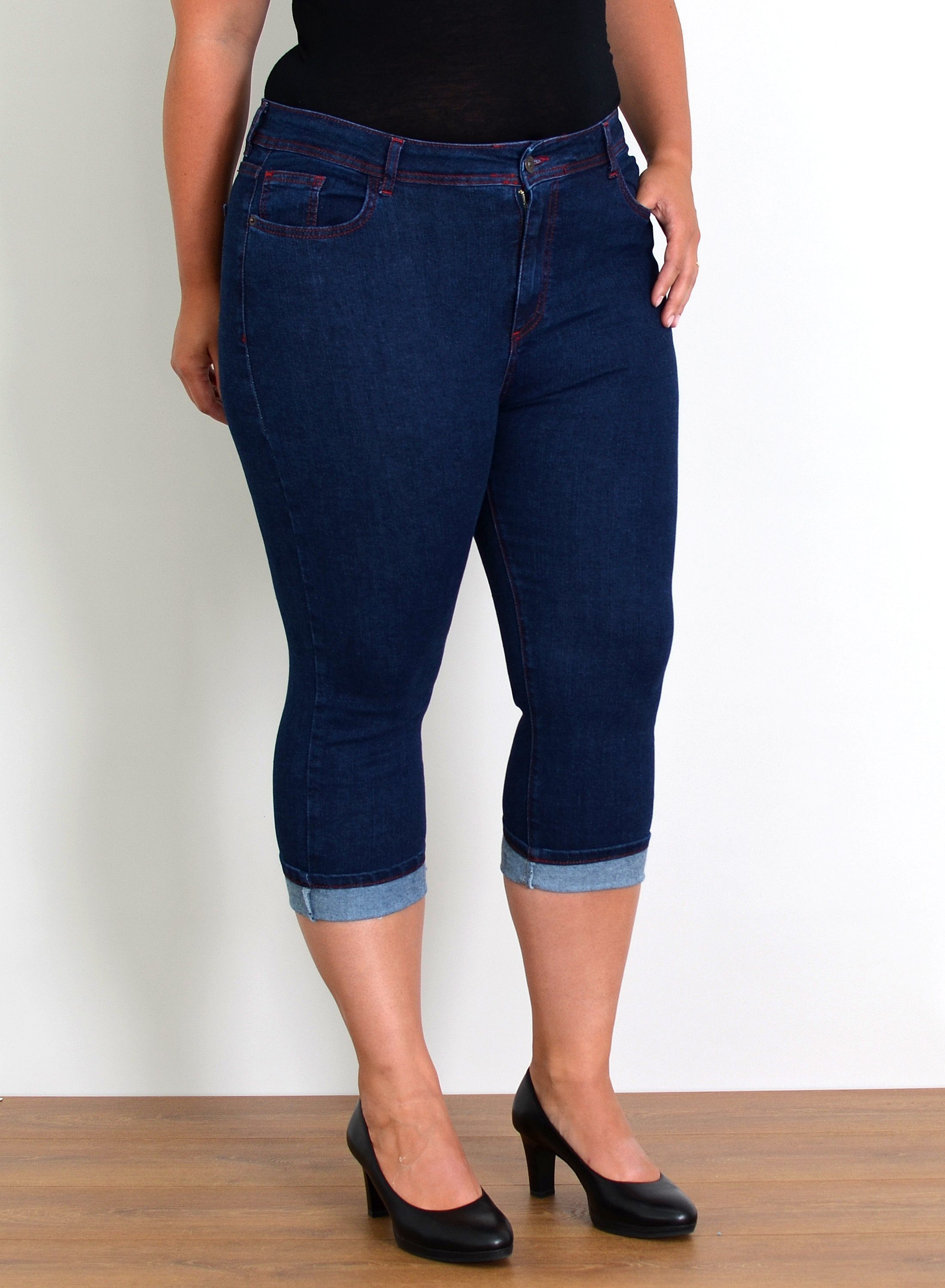ESRA Caprijeans Capri Jeans Damen High Waist Hose 3 4 Jeans Damen Sommer bis Übergröße Sommer Damen Jeans Capri Hose Damen 3/4 Hose hoher Bund Große Größe