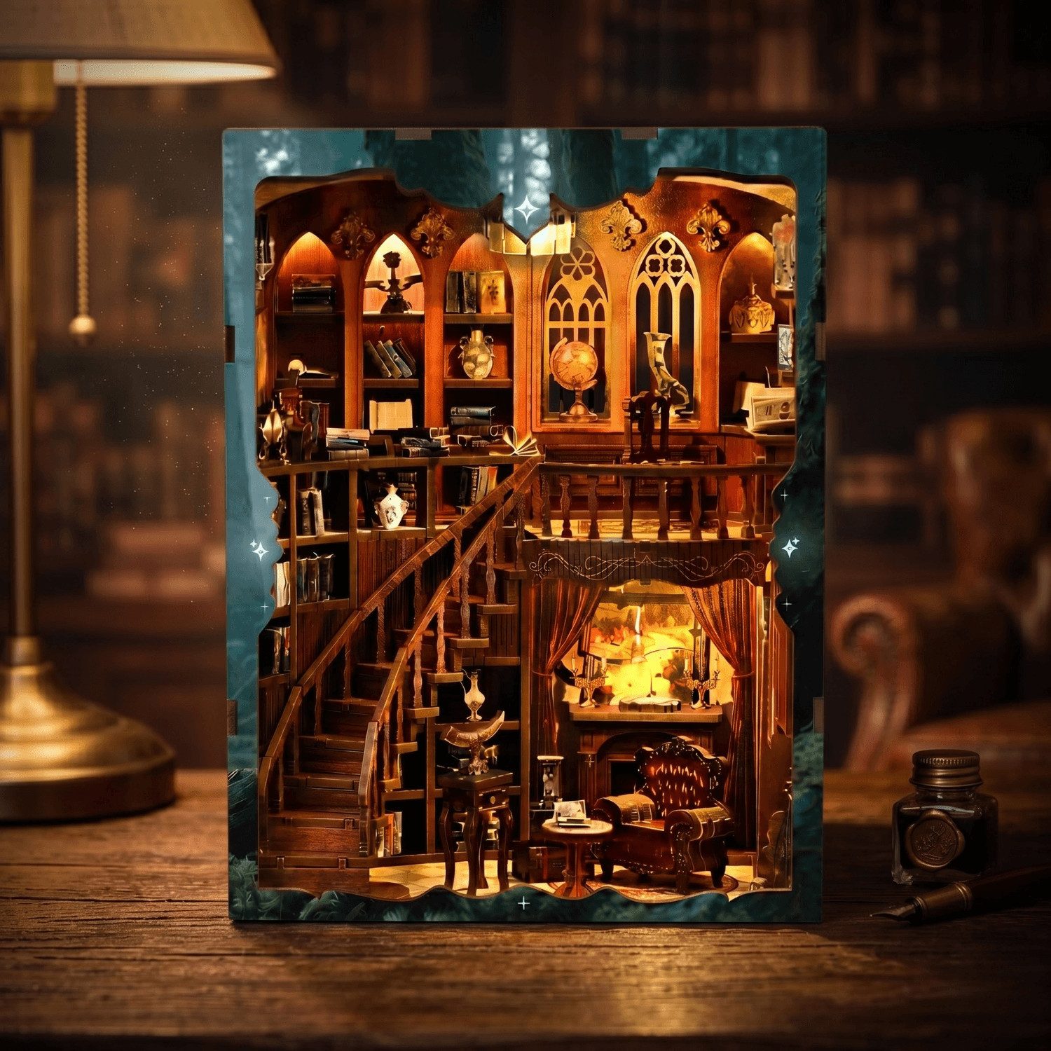 MagicHolz Buchstütze Twilight Midnight Study Diorama aus Holz, mit LED-Beleuchtung – Bild 2 von 5