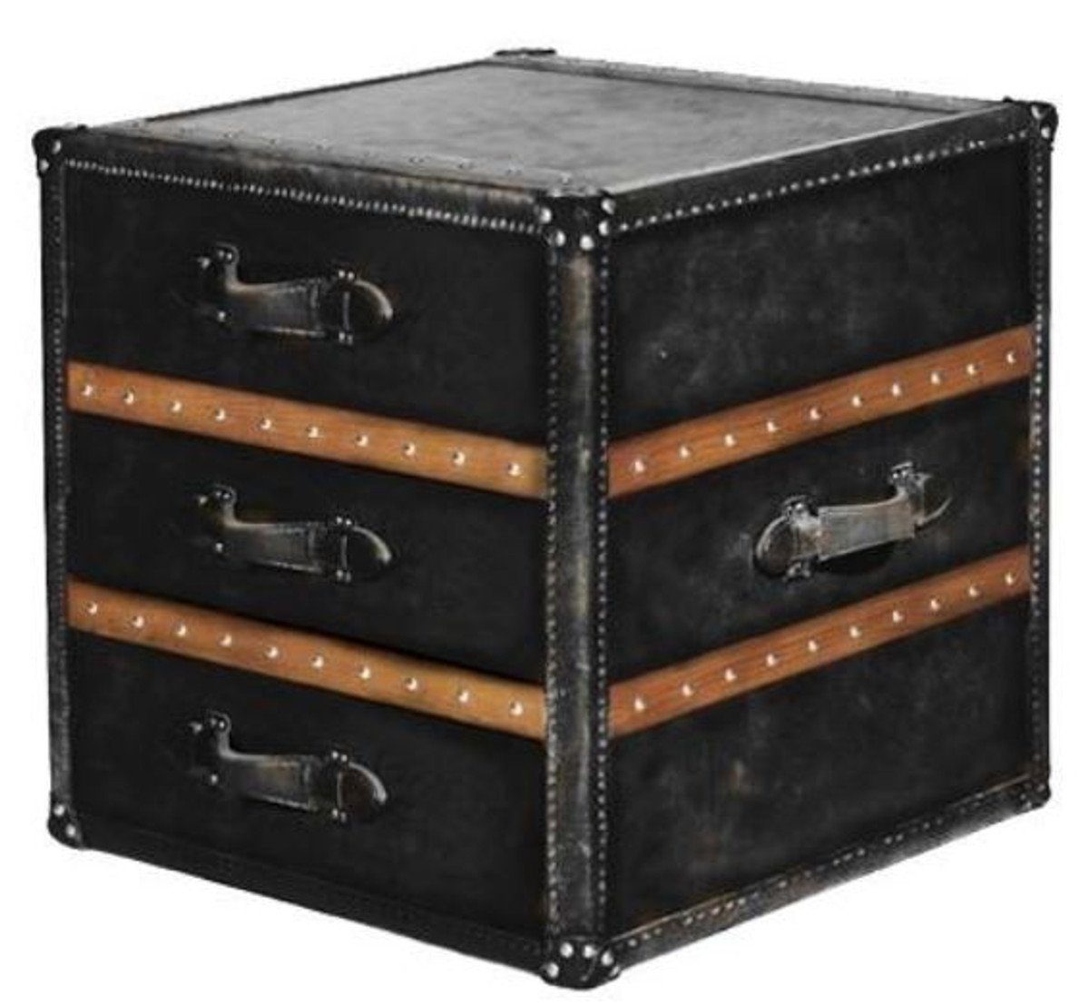 Casa Padrino Beistelltisch Luxus Beistelltisch mit 2 Schubladen Schwarz / Braun 52 x 48 x H. 50 cm - Handgefertigter Beistelltisch im Kofferlook