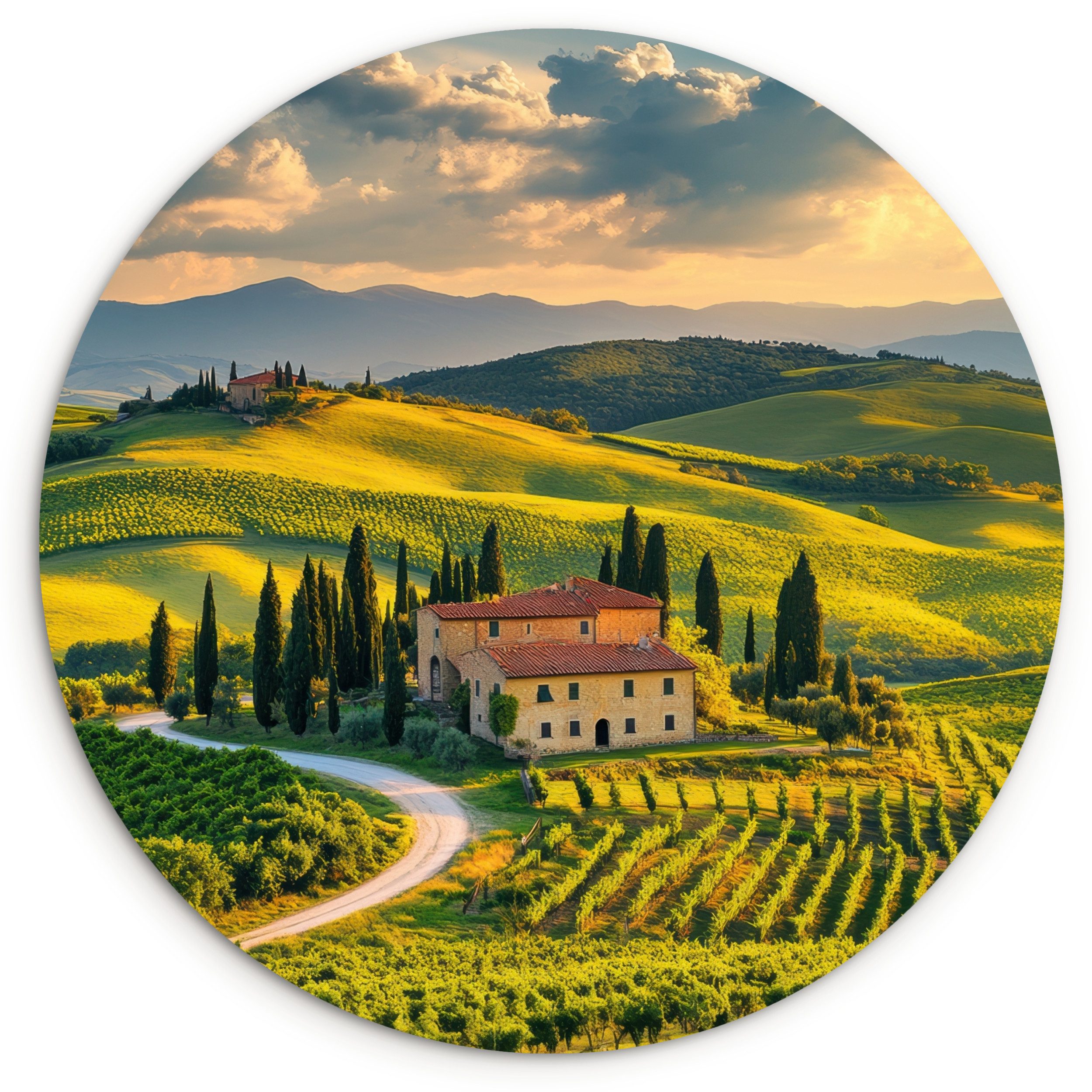 MuchoWow Gemälde Toskana - Landschaft - Weinberge, Fotodruck (1 St), Kreis Wanddekoration, Rundes Wandbild, 30x30 cm