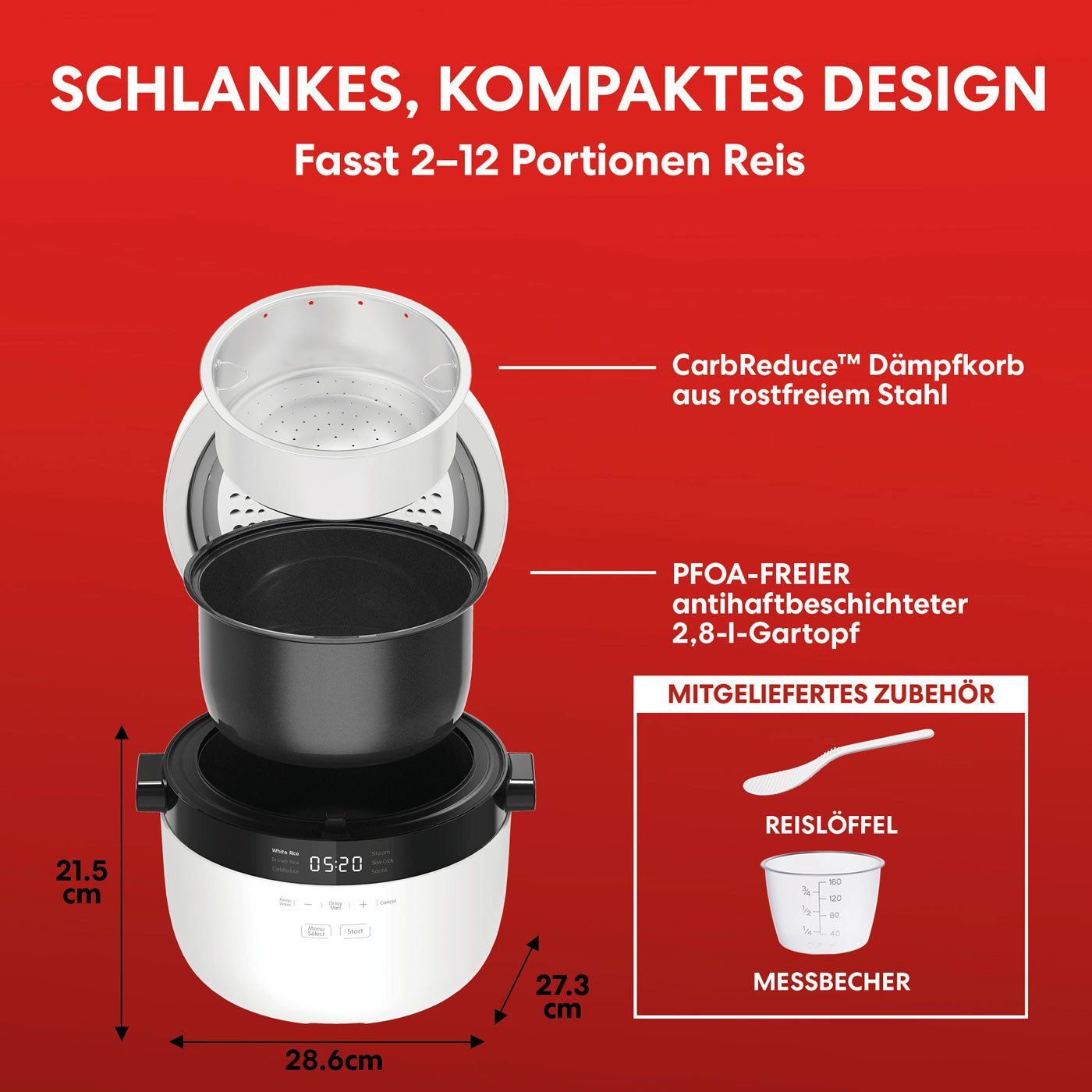 Instant Pot Reiskocher 6-in-1 Dampfgarer 2,8L Schongaren Sautieren, 600 W, One-Pot-Mahlzeiten, bis zu 12 Portionen, Zeit & Temperatureinstellung