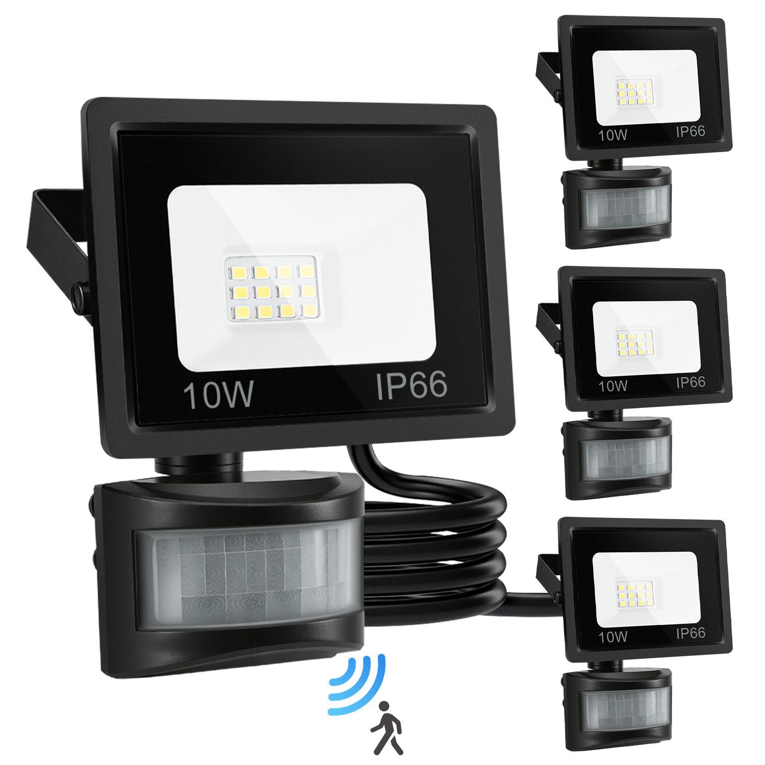 Clanmacy LED Flutlichtstrahler LED Fluter mit Bewegungsmelder 4X 10W Außenleuchte Kaltweiß Spotlight