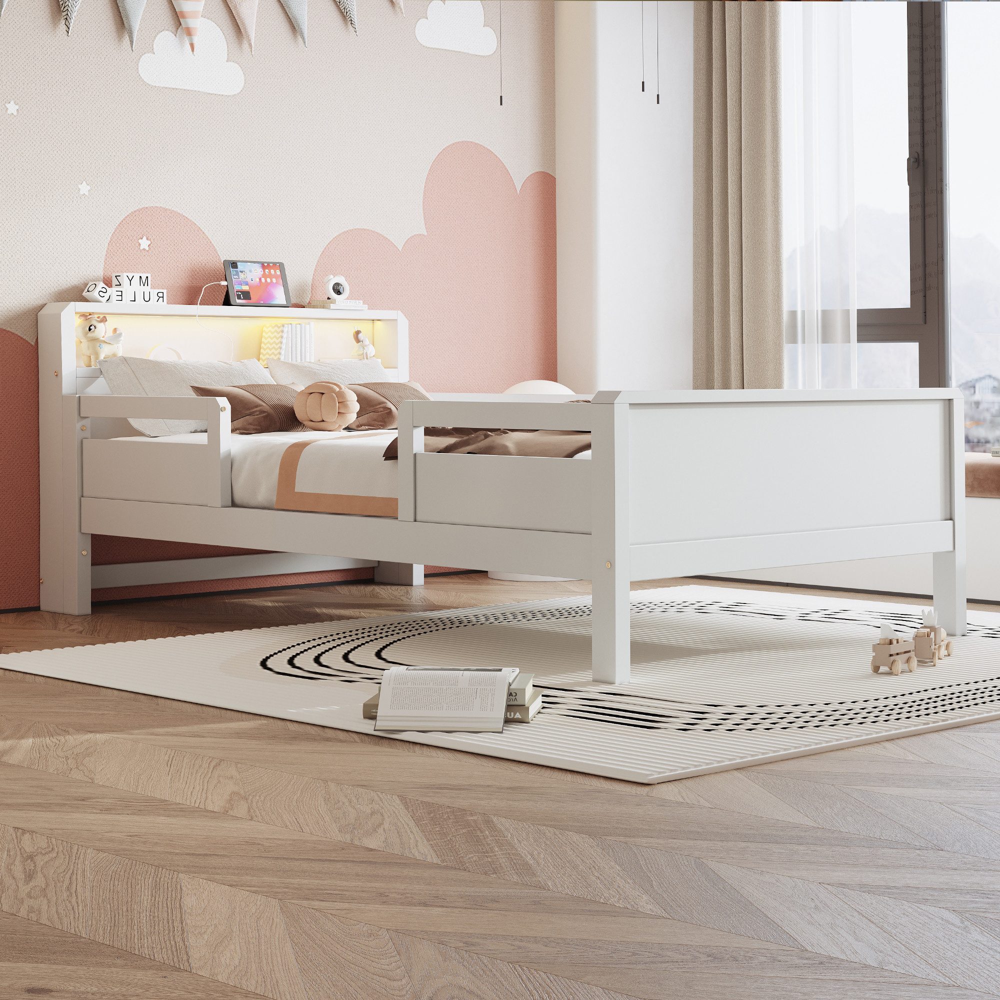 STILVORA Kinderbett 90×200 mit Stauraum Funktionsbett Holzbett, ohne Matratze (Einzelbett mit Schutzgitter, Ladefunktion und praktischem Kopfteil), für Kinderzimmer, Jugendzimmer, Gästezimmer und kleine Räume