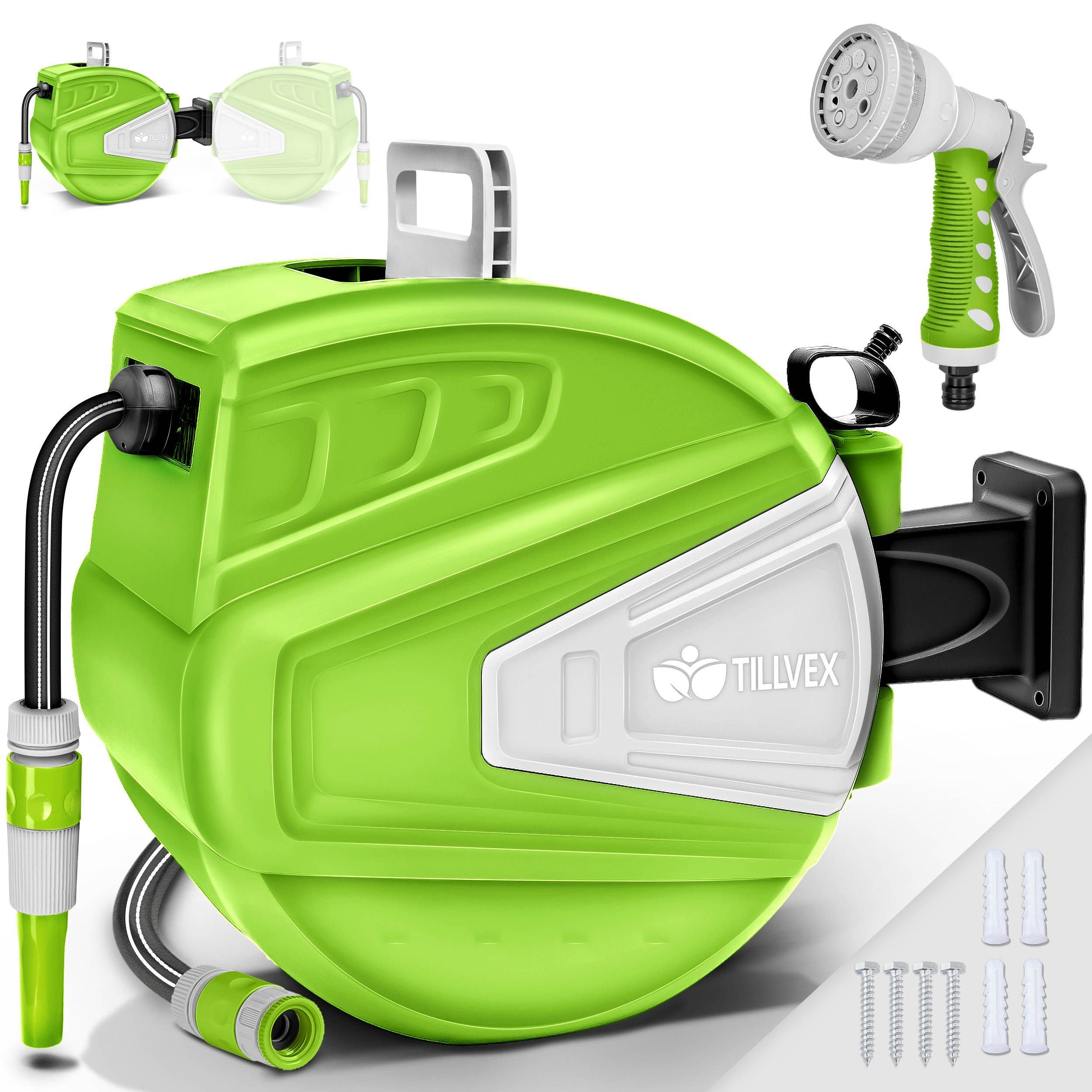 tillvex Schlauchtrommel Wasser mit Wandhalterung + Tragegriff, (Schlauchaufroller mit Handbrause und Gartenschlauch), 180° Schwenkbar Wand-Schlauchbox mit Aufroll-Automatik