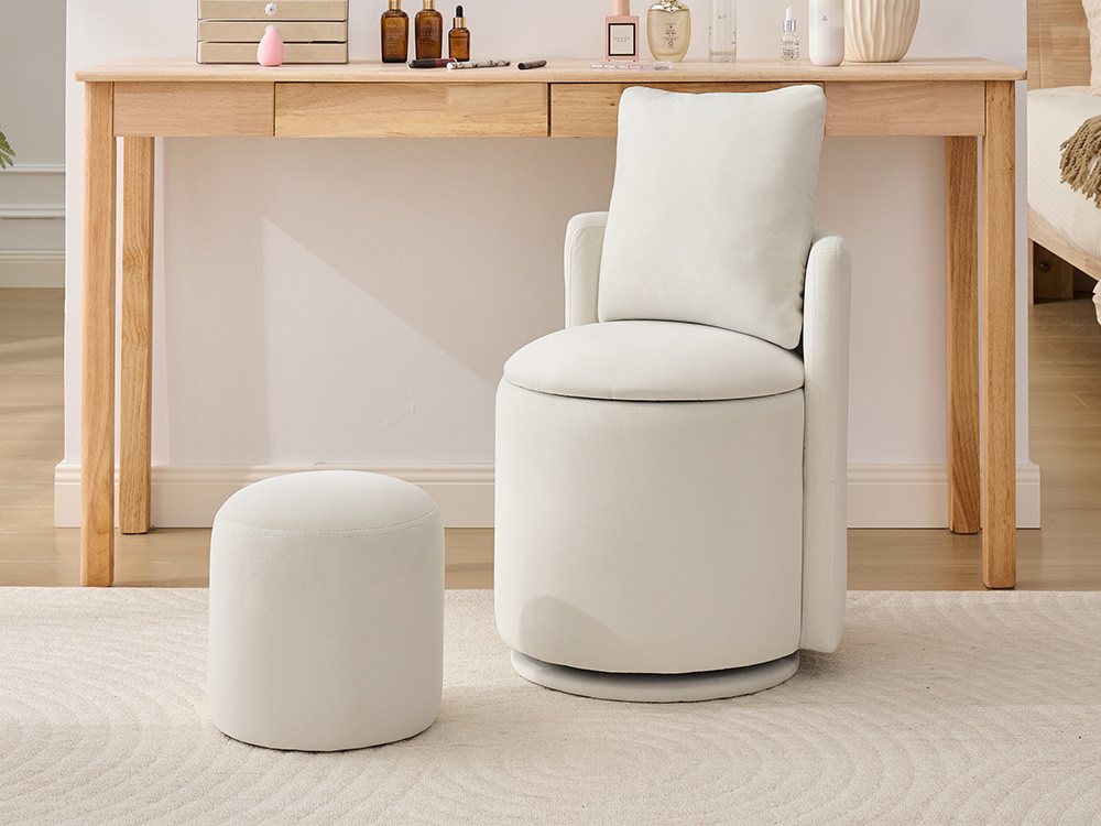 DEKKETO Stuhl Samt mit Stauraum & 360° Drehfuß, Ergonomischer Schminkhocker (1 St), Schminkstuhl mit Rückenlehne, Inklusive Fußhocker und Kissen