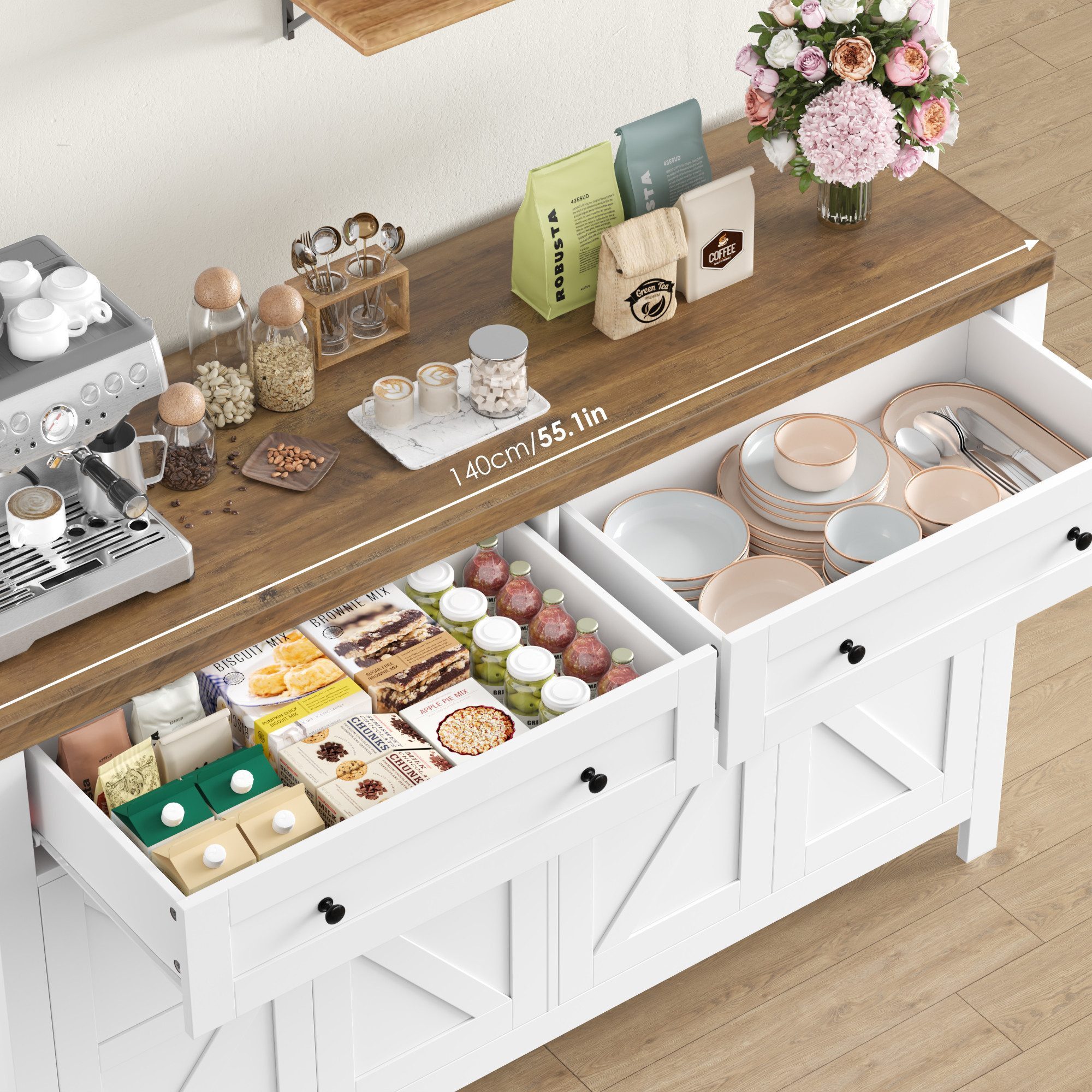 HOMECHO Buffet kitchen cabinet with worktop, 2 drawers and 4 doors