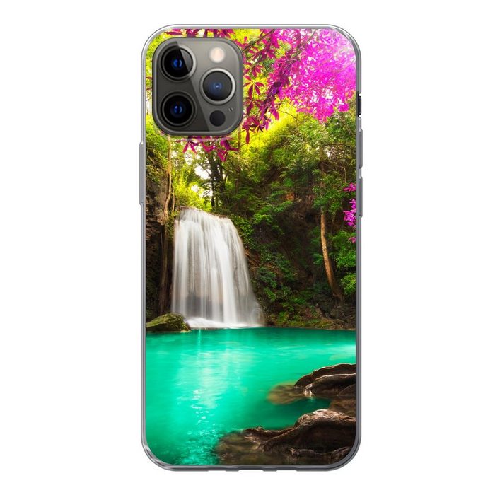 MuchoWow Handyhülle Ein Wasserfall im Herbstwald am Erawan-Wasserfall Handyhülle Apple iPhone 12 Pro Smartphone-Bumper Print Handy
