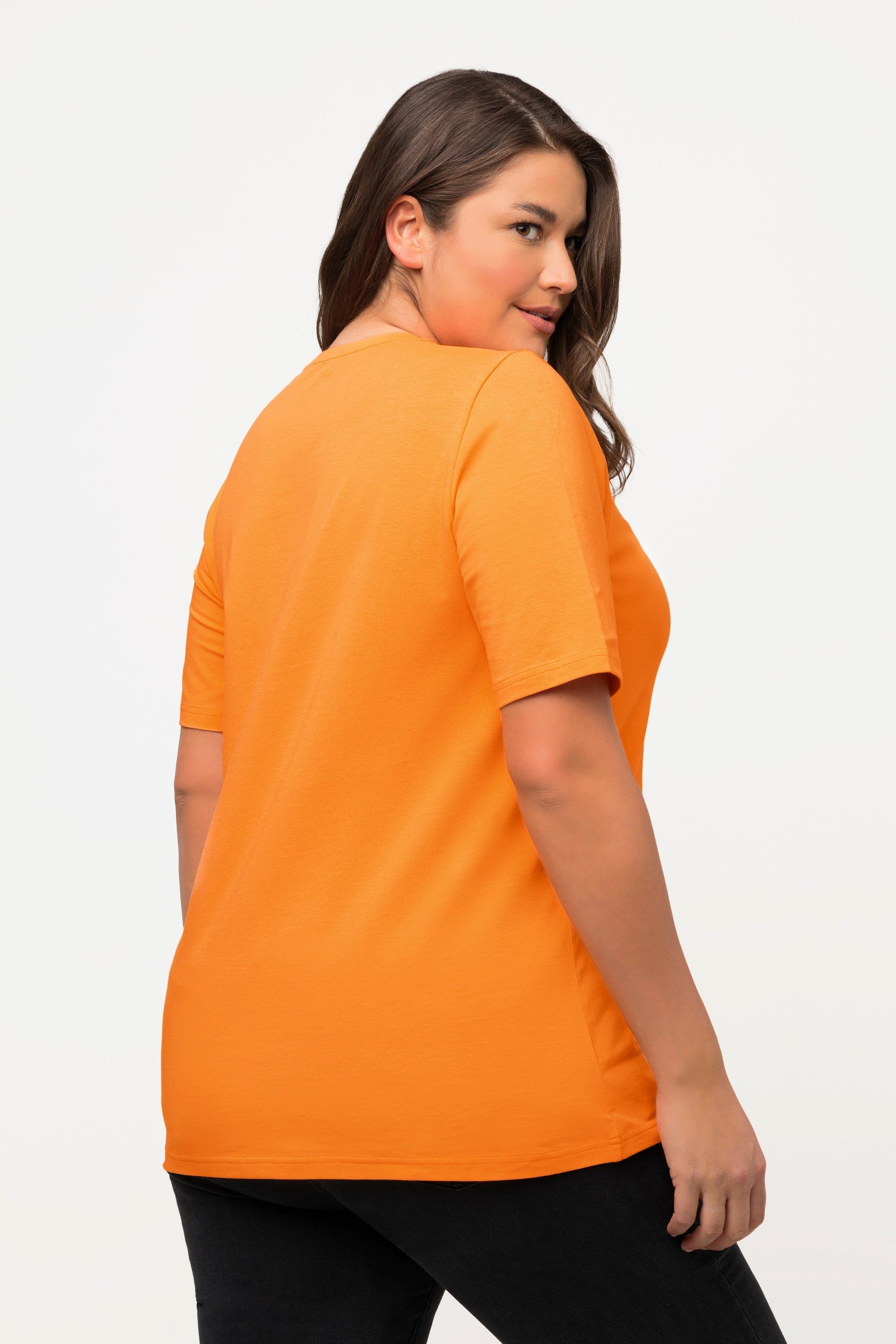 Rundhalsshirt orange Ulla cantaloupe Halbarm V-Ausschnitt T-Shirt Popken A-Linie
