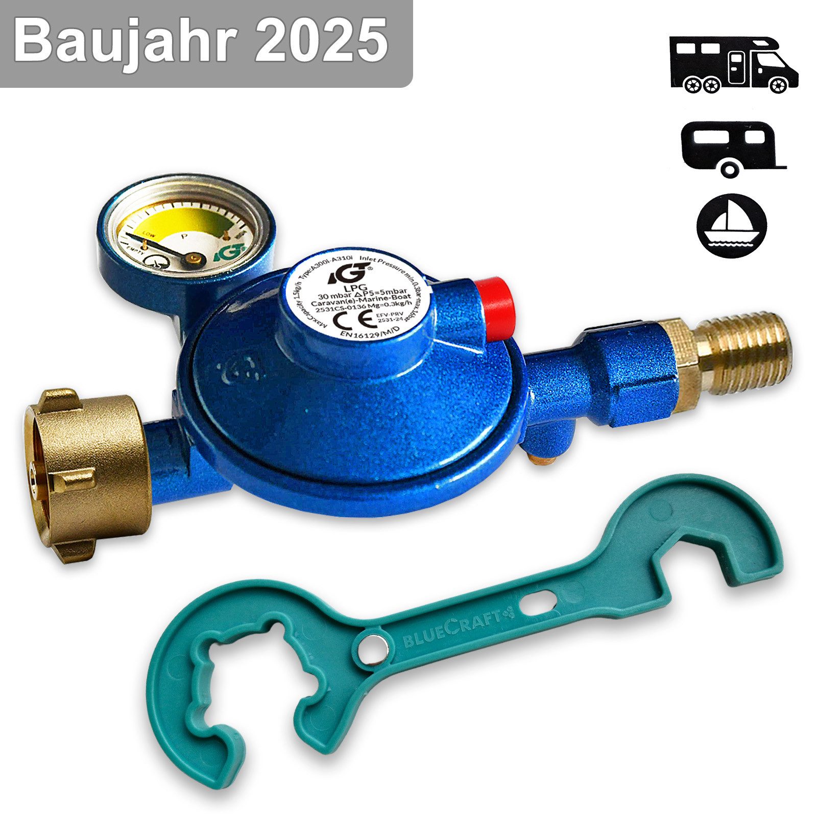 BlueCraft Druckminderer Gas-Druckregler 30 mbar, für Wohnwagen Reisemobil Boot, Gasregler, 30,00 mbar, (1-St), mit 360° Manometer Gas-Füllstandsanzeiger für Propan-Gas-Flasche