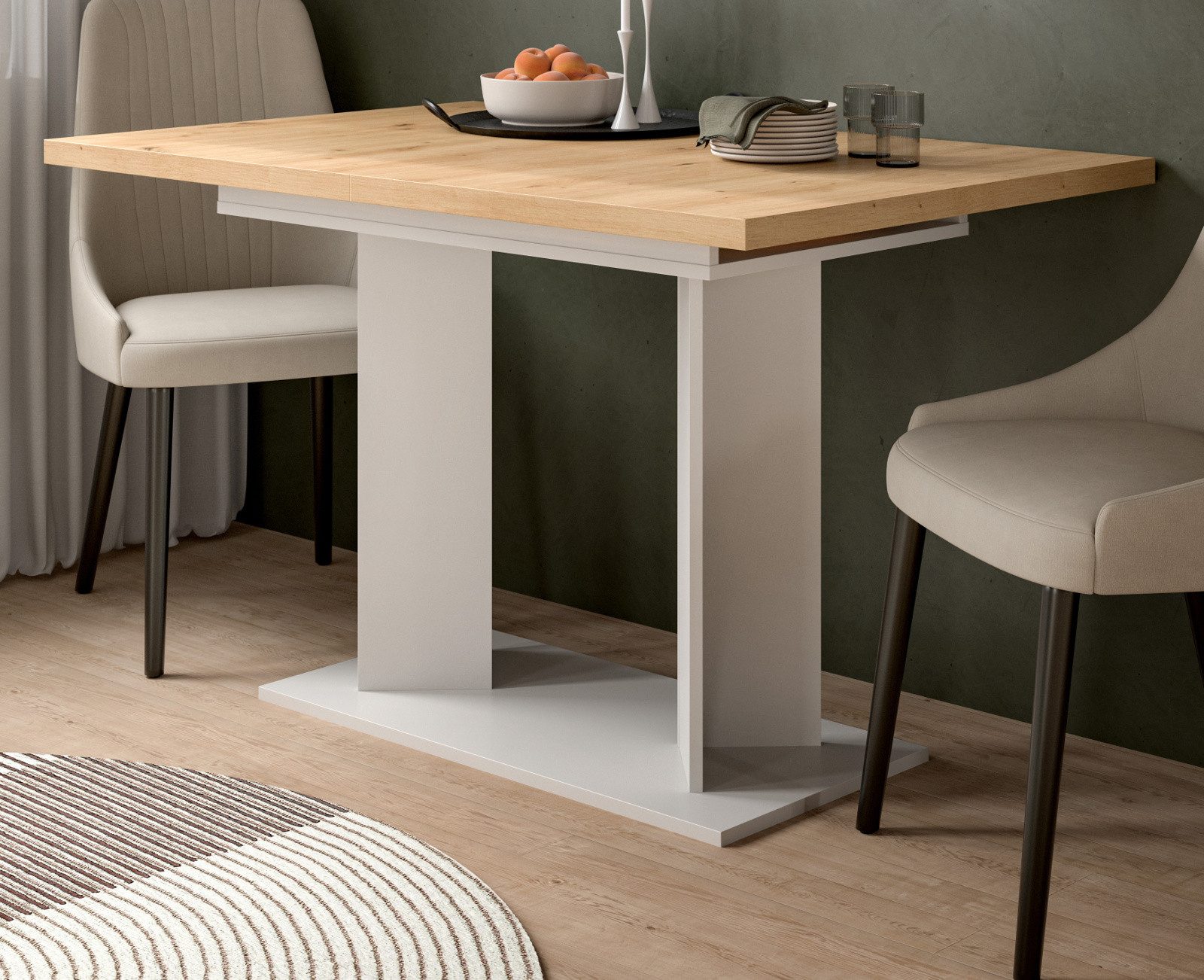 Inn.Furn Säulen-Esstisch Anton (Küchentisch in Eiche Artisan und Weiß, 120 - 160 x 80 cm), mit 32 mm Tischplatte, für 2 bis 8 Personen
